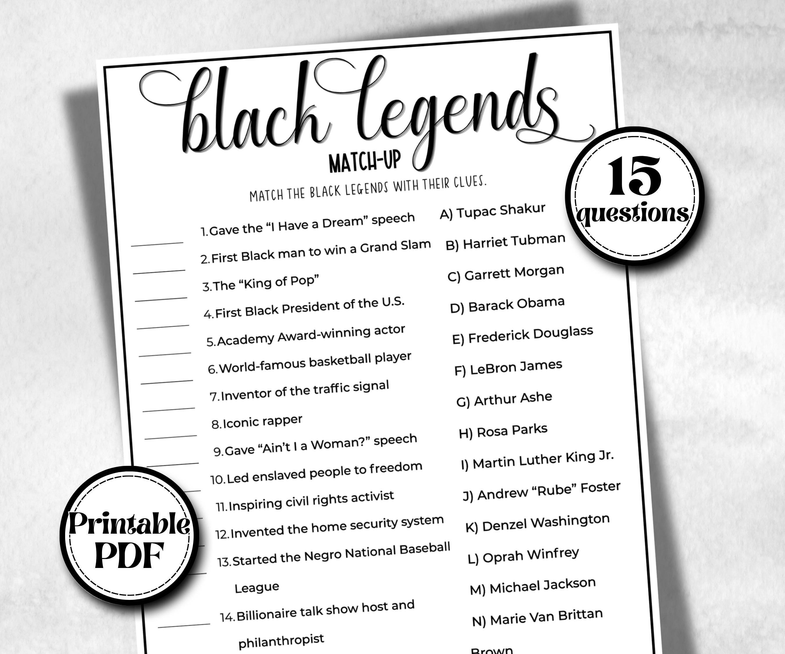 Black Legends Match, African American, Black Culture riddle, icebreaker activity, community bbq picnic, classroom activity, black birthday
