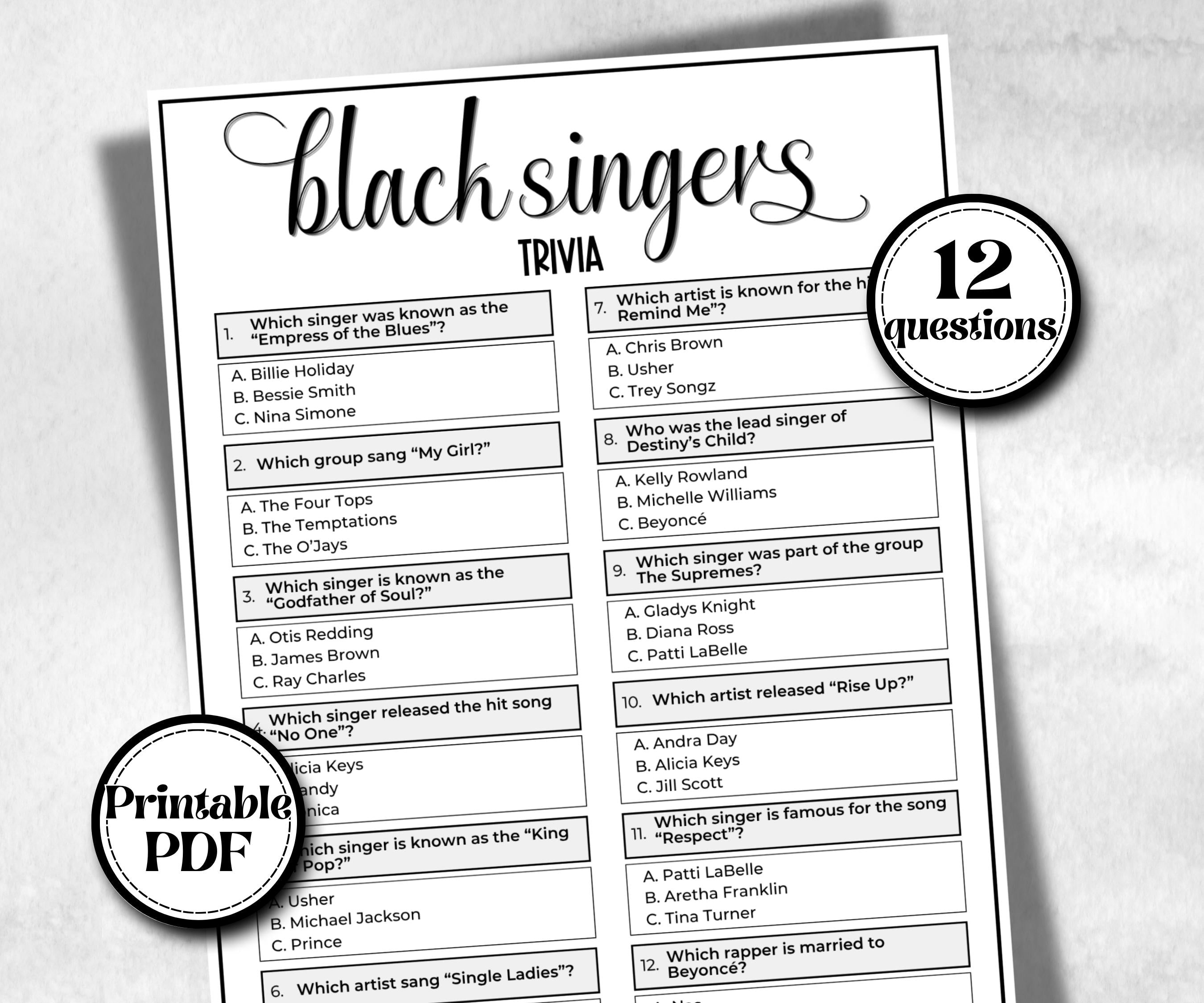 Black Singers Trivia, African American, Black Culture riddle, icebreaker activity, community bbq picnic, classroom activity, spring summer