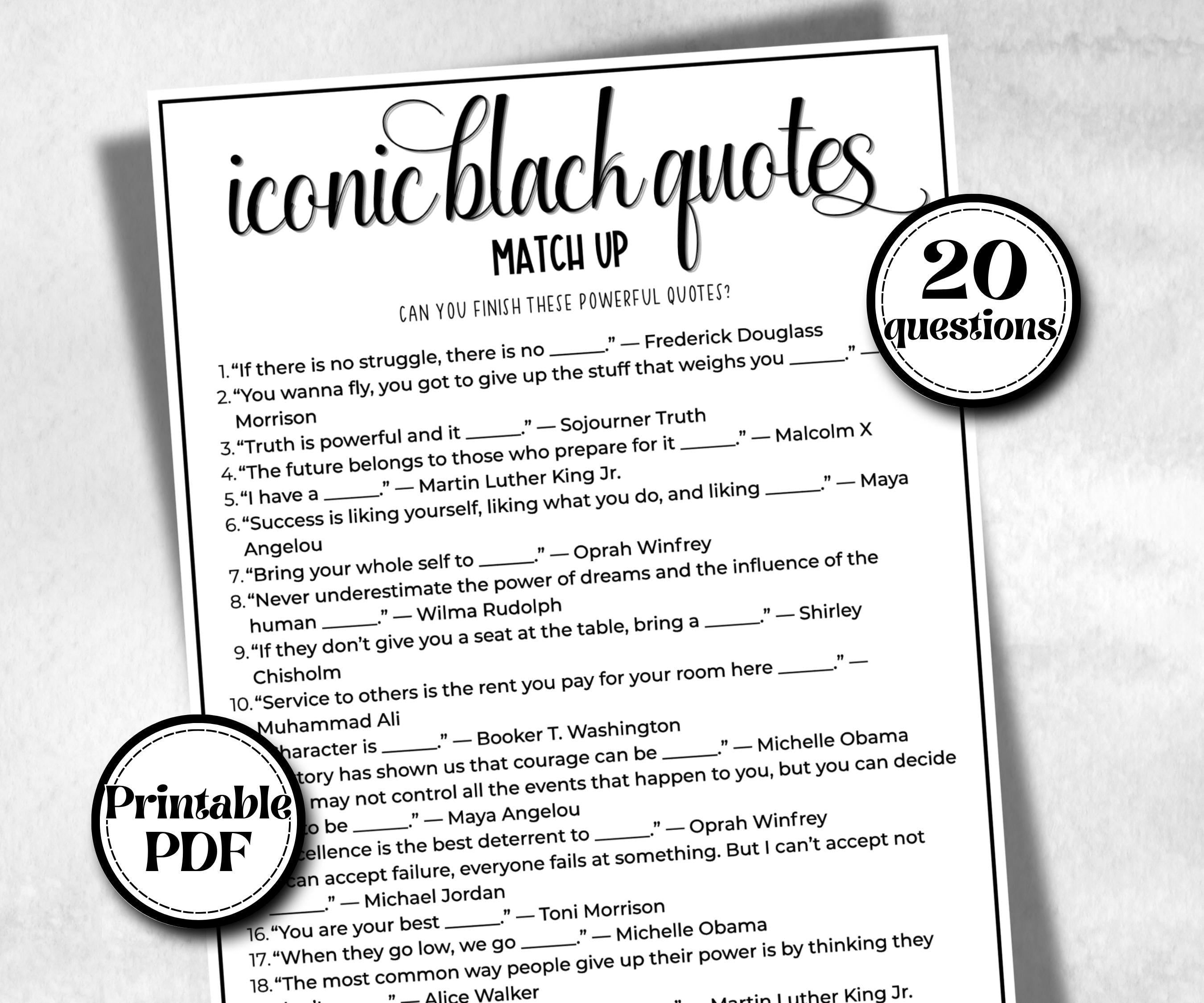 Iconic Black Quotes, African American, Black Culture riddle, community bbq picnic, educational classroom activity, black legends, icebreaker