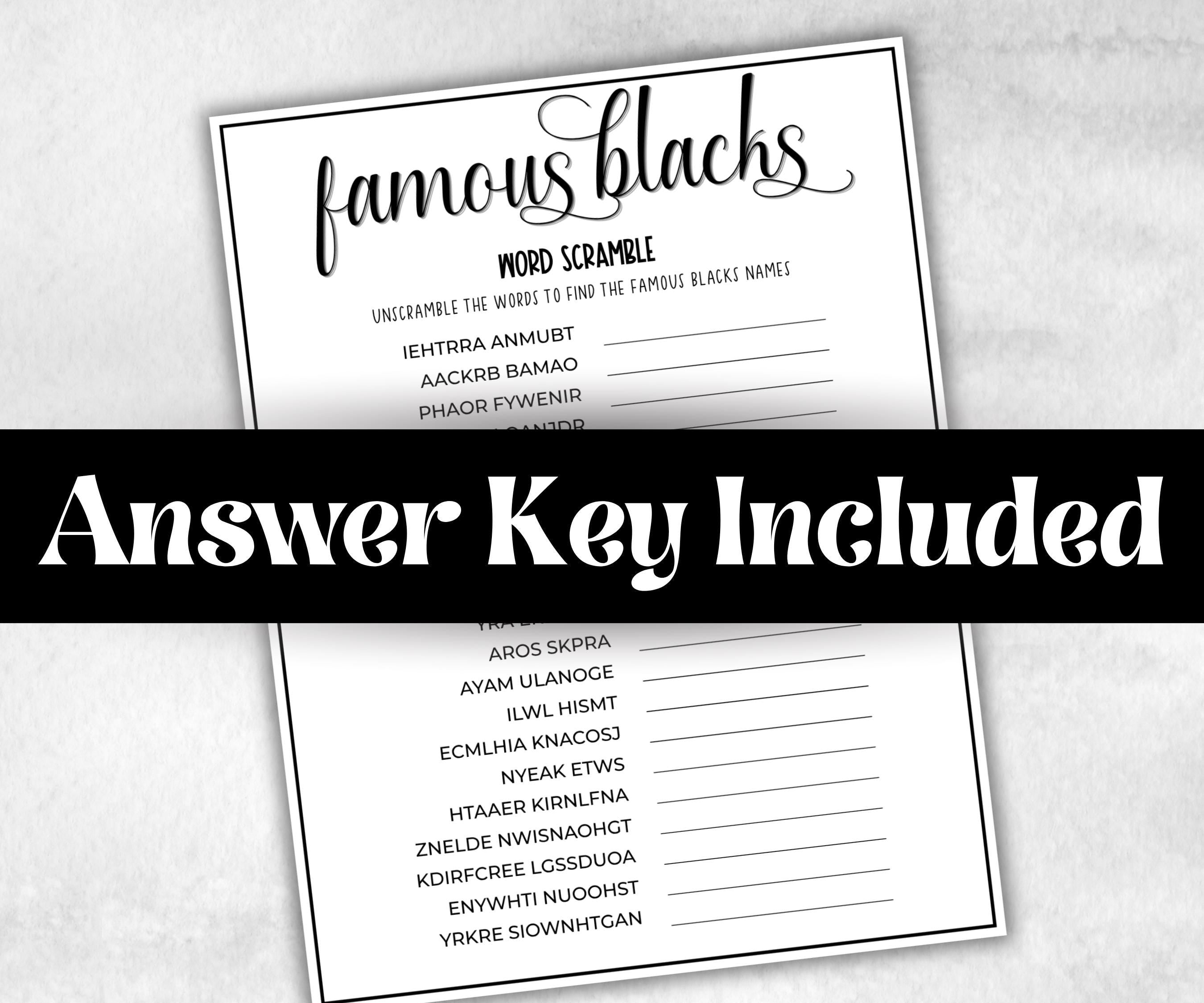 Famous Black People word scramble, African American, Black Culture riddle, community bbq picnic icebreaker, classroom activity, black legend