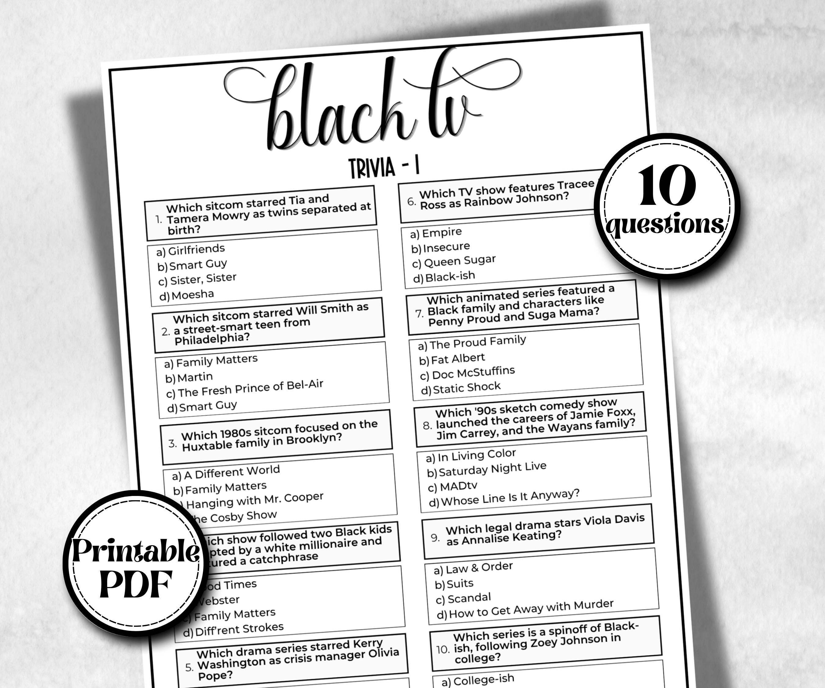 Black TV Trivia, African American Mom, Black Culture baby shower, Television Quiz, senior game night, summer icebreaker, famous black tv