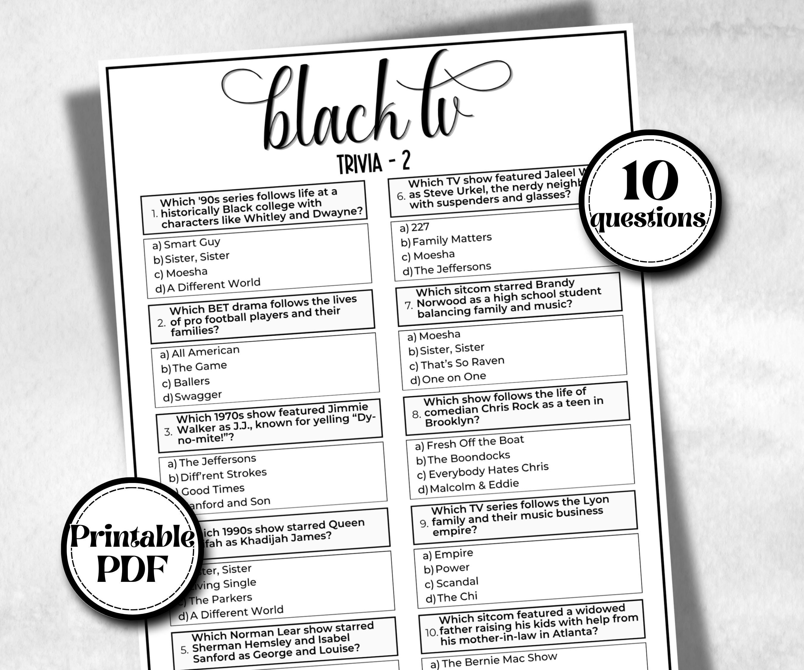 Black tv Trivia, African American, Black Culture tv quiz, Movie Game Night, summer bbq icebreaker party, popcorn game, family game night
