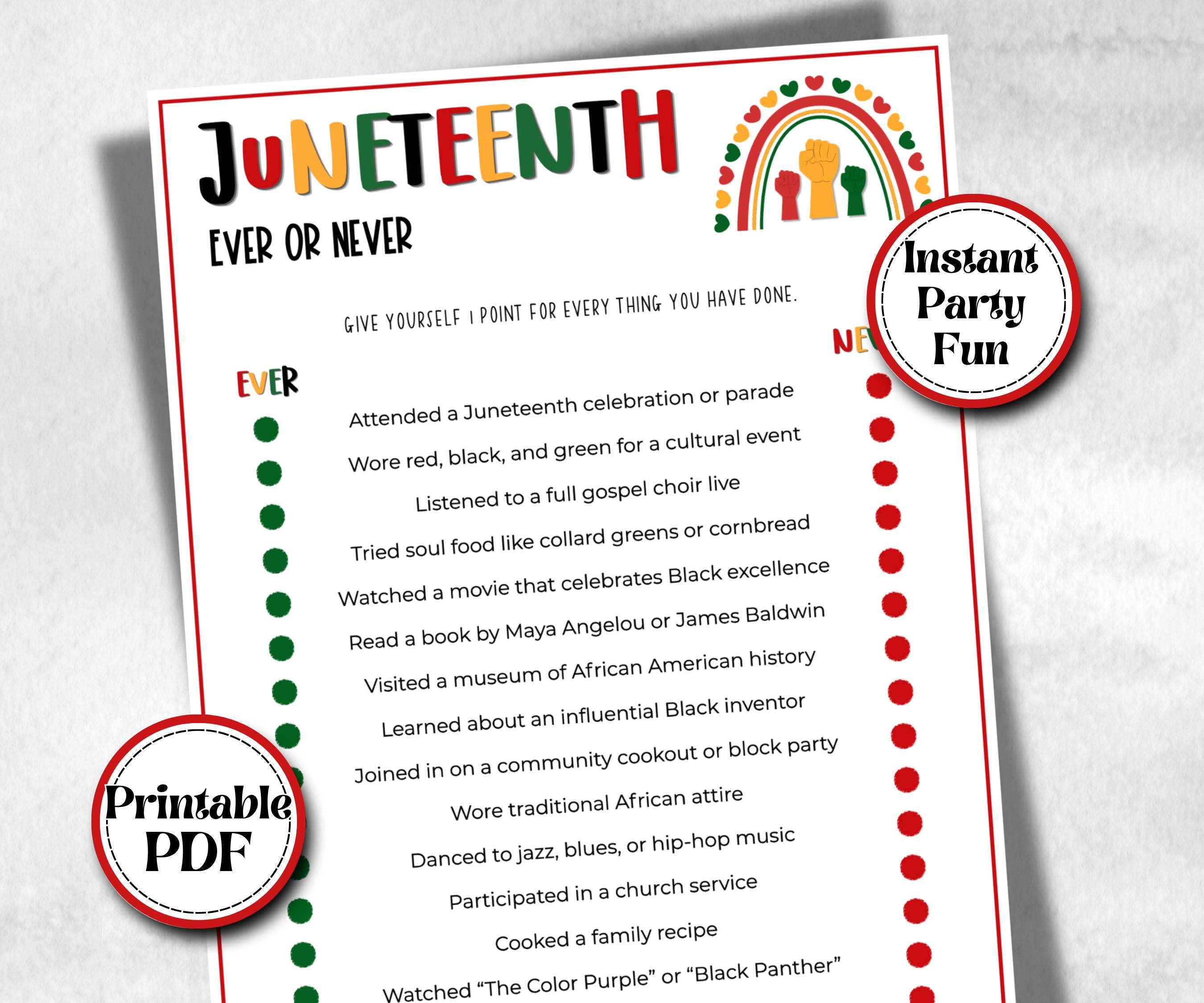 Juneteenth Ever Or Never, kid party game, african american family game night, black history, black culture celebration, black family reunion