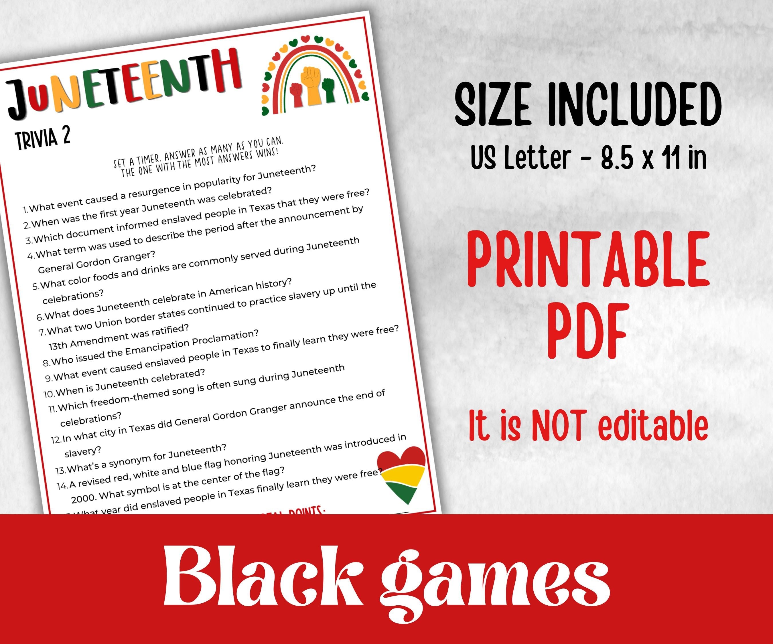 Juneteenth Trivia game, kids educational game, african american trivia game night, black history, black culture celebration, classroom quiz