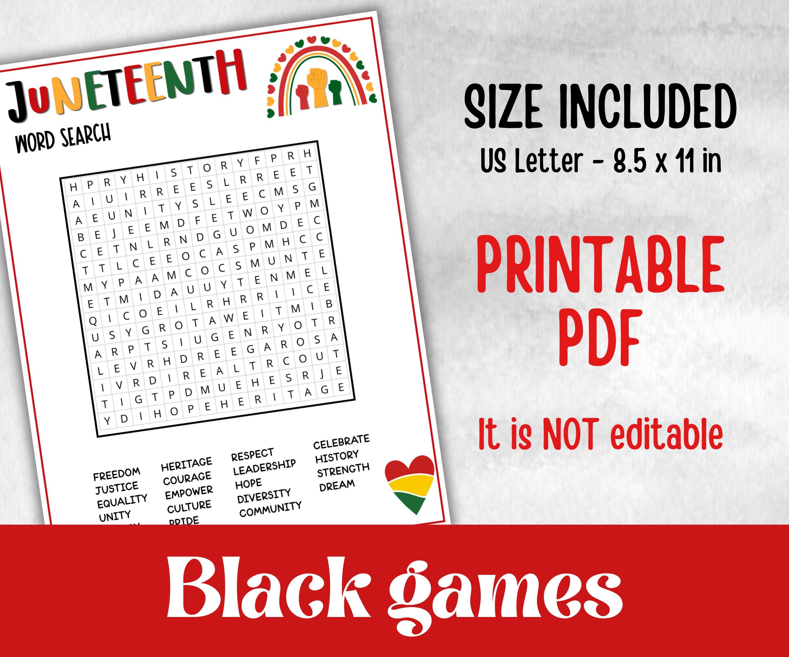 Juneteenth Word Search, kid party game, african american family game night, black history, black culture celebration, black family reunion