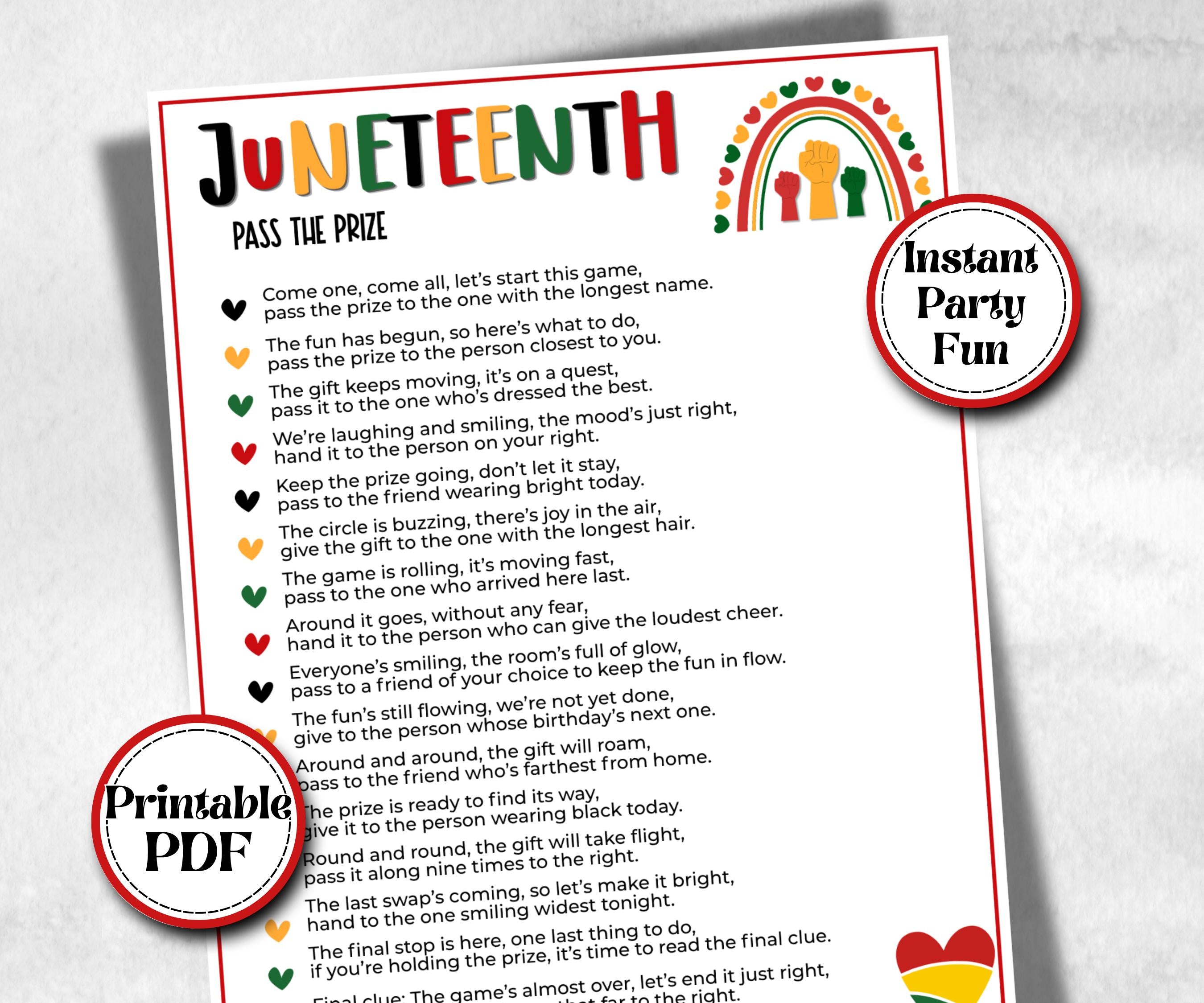 Juneteenth pass the prize, african american, family game night, pass the parcel, rhyme, pass the gift, left right game, teen pajama activity