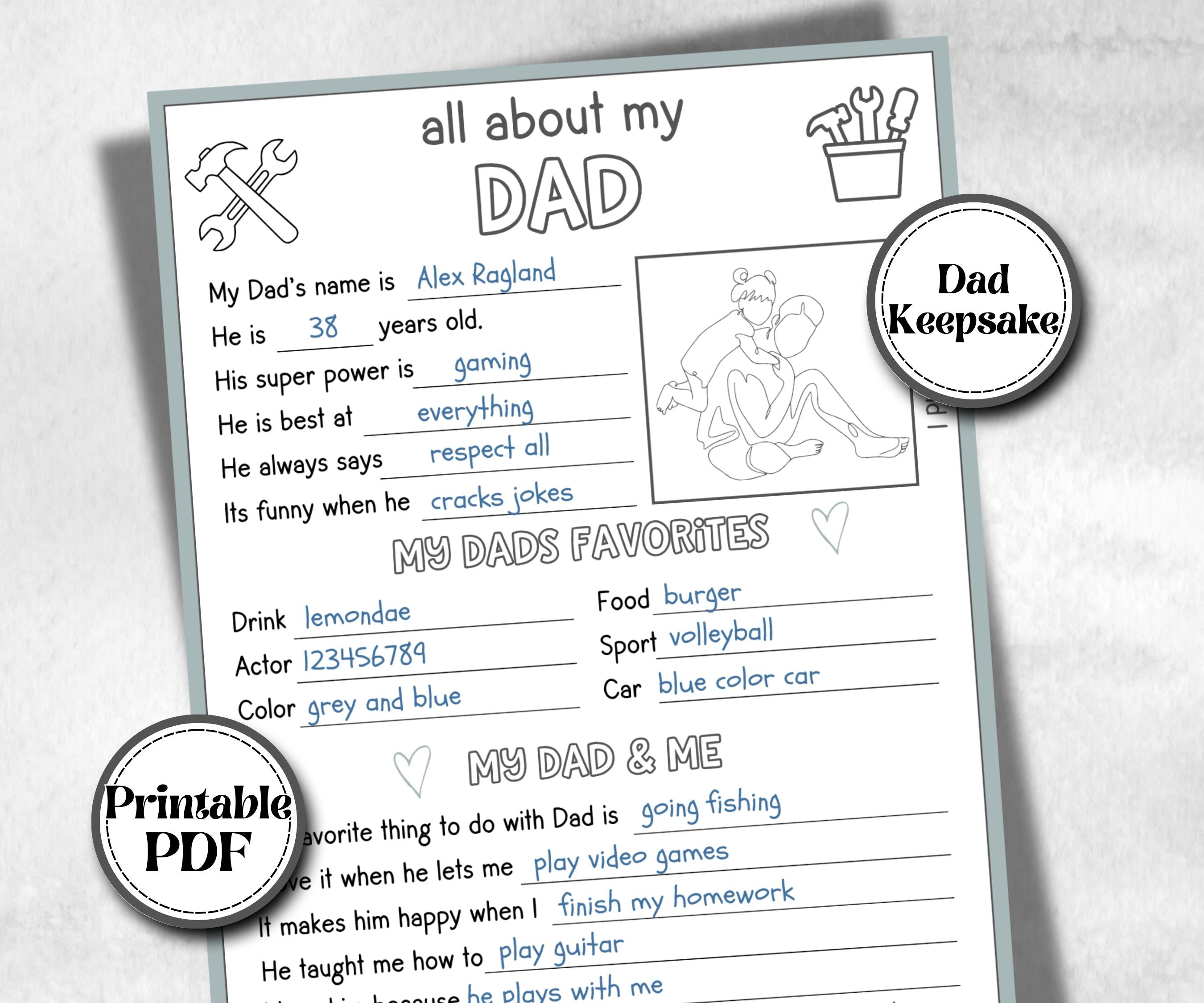 All about my Dad, Dad questionnaire, facts about bonus dad, preschool worksheet, printable interview, kindergarten activity, personalised