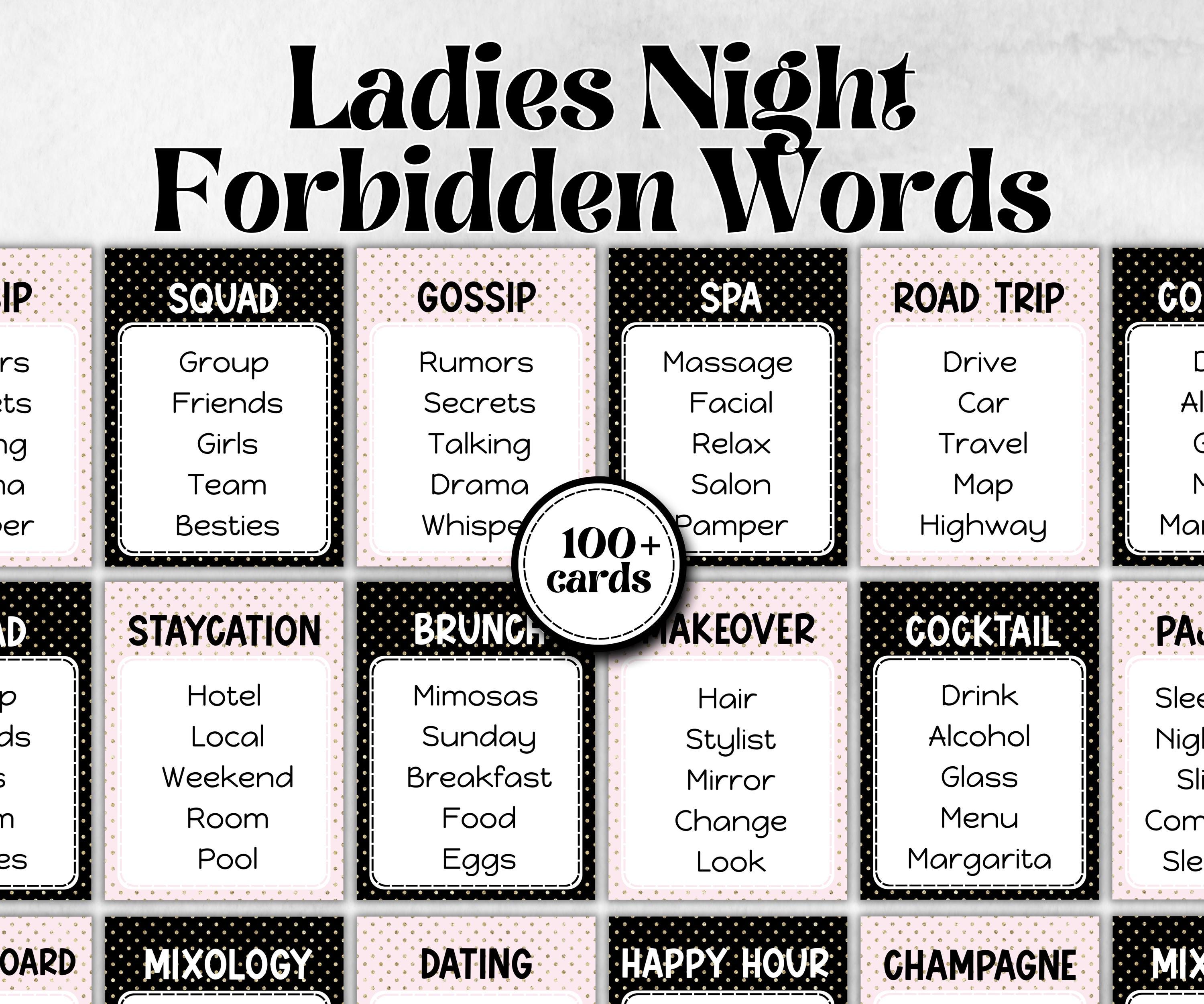 Ladies Night Forbidden Words, Word Ban, think fast word game, think quick, galentines, hen party, womens day, bff girlfriend, printable fun