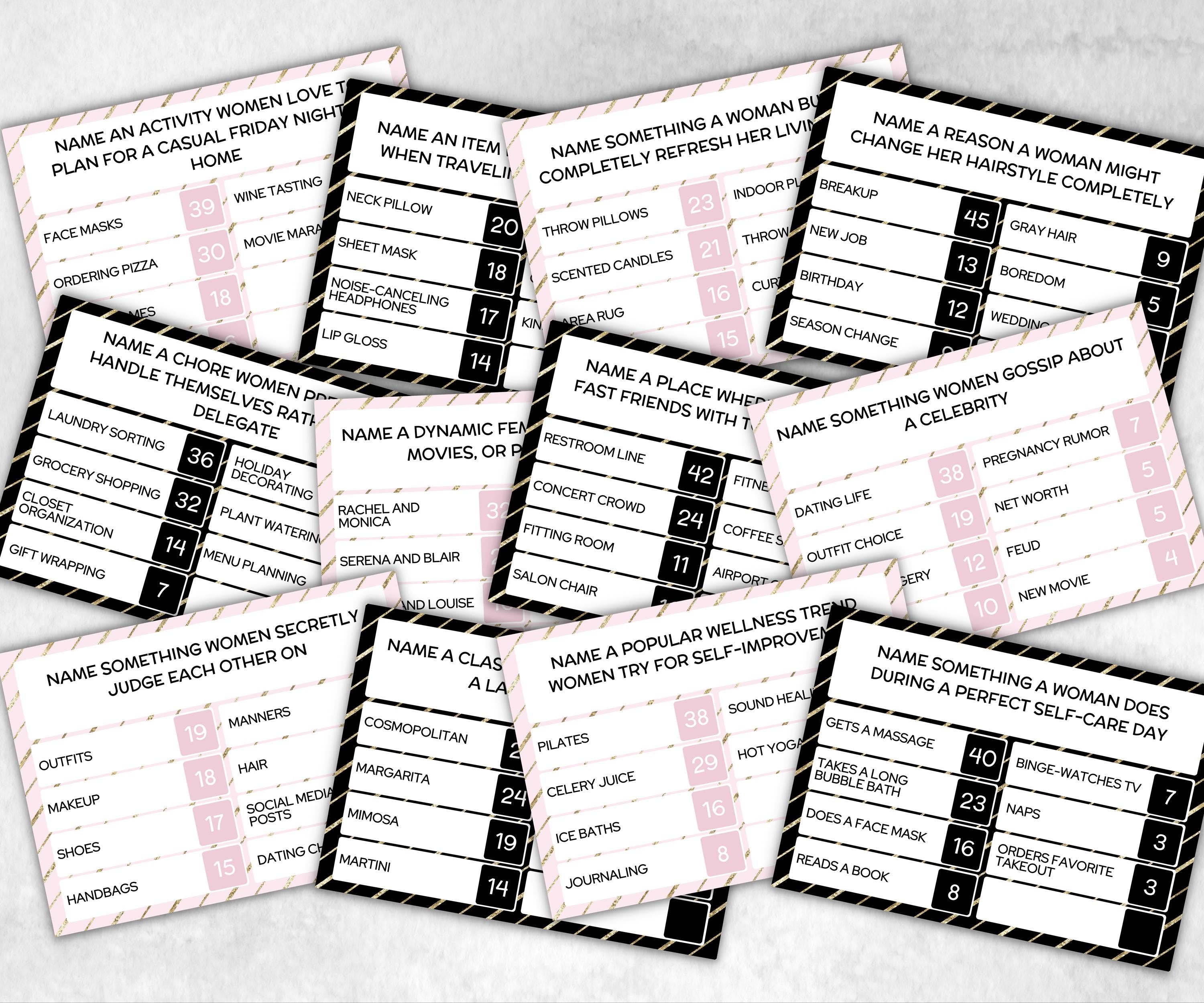 Ladies Night Friendly Feud, think fast word game, think quick, galentines, hen party, womens day, bff girlfriend, printable feud, Feud Cards