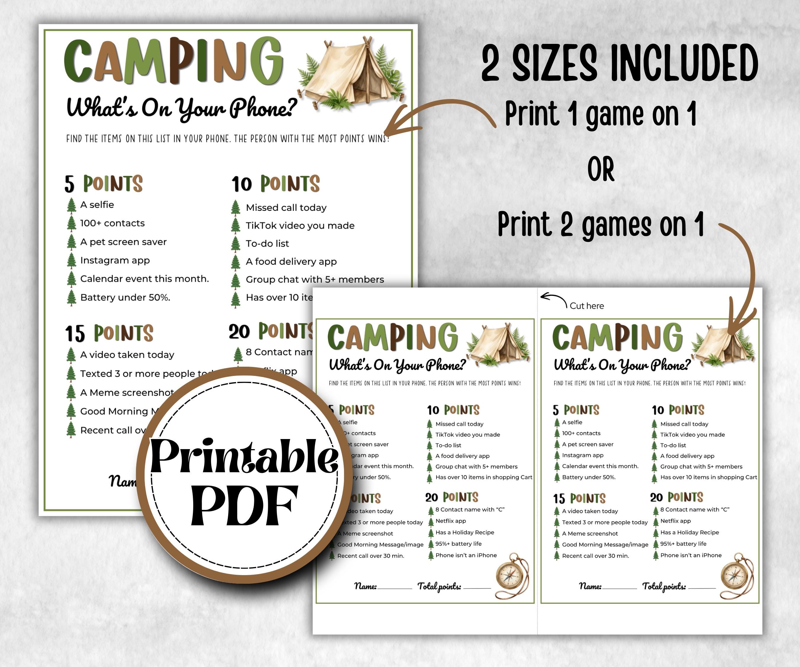 Camping What's on your phone, fire pit activities, Print outdoor group party, campground, backyard bbq, summertime campfire, boy girl scout