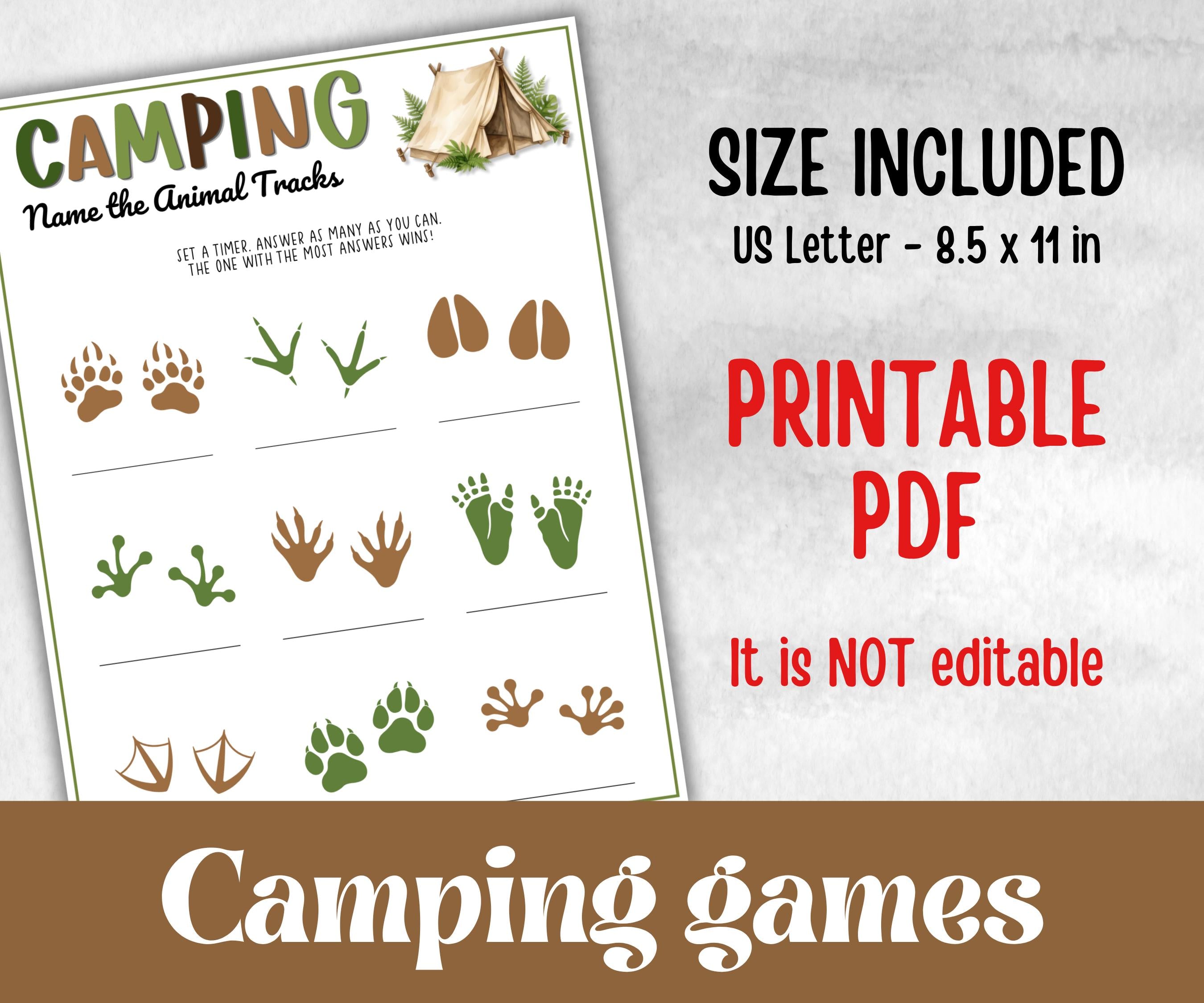 Camping Name the Animal Tracks, fire pit activities, outdoor group party, campground, backyard bbq, summertime campfire, boy girl scout quiz