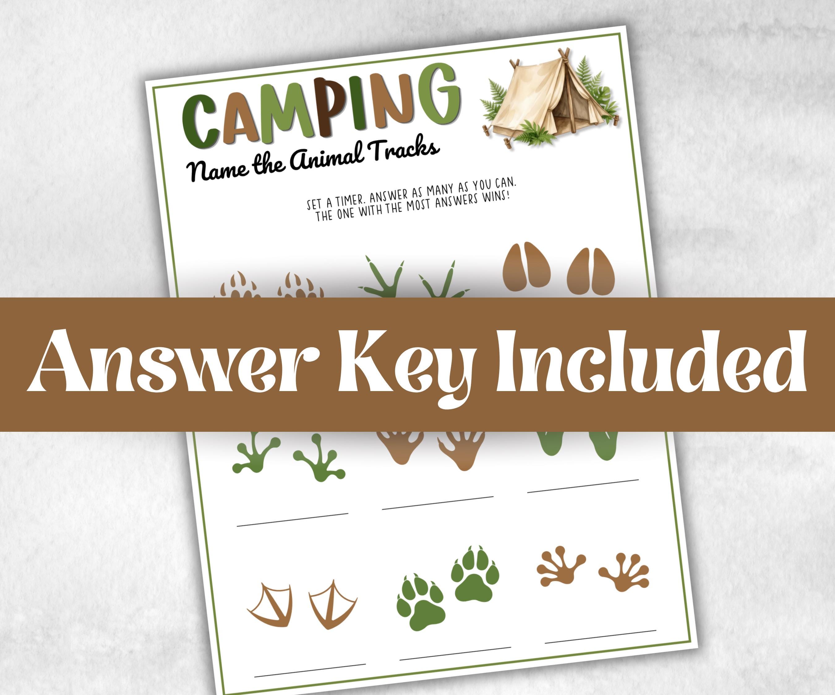 Camping Name the Animal Tracks, fire pit activities, outdoor group party, campground, backyard bbq, summertime campfire, boy girl scout quiz
