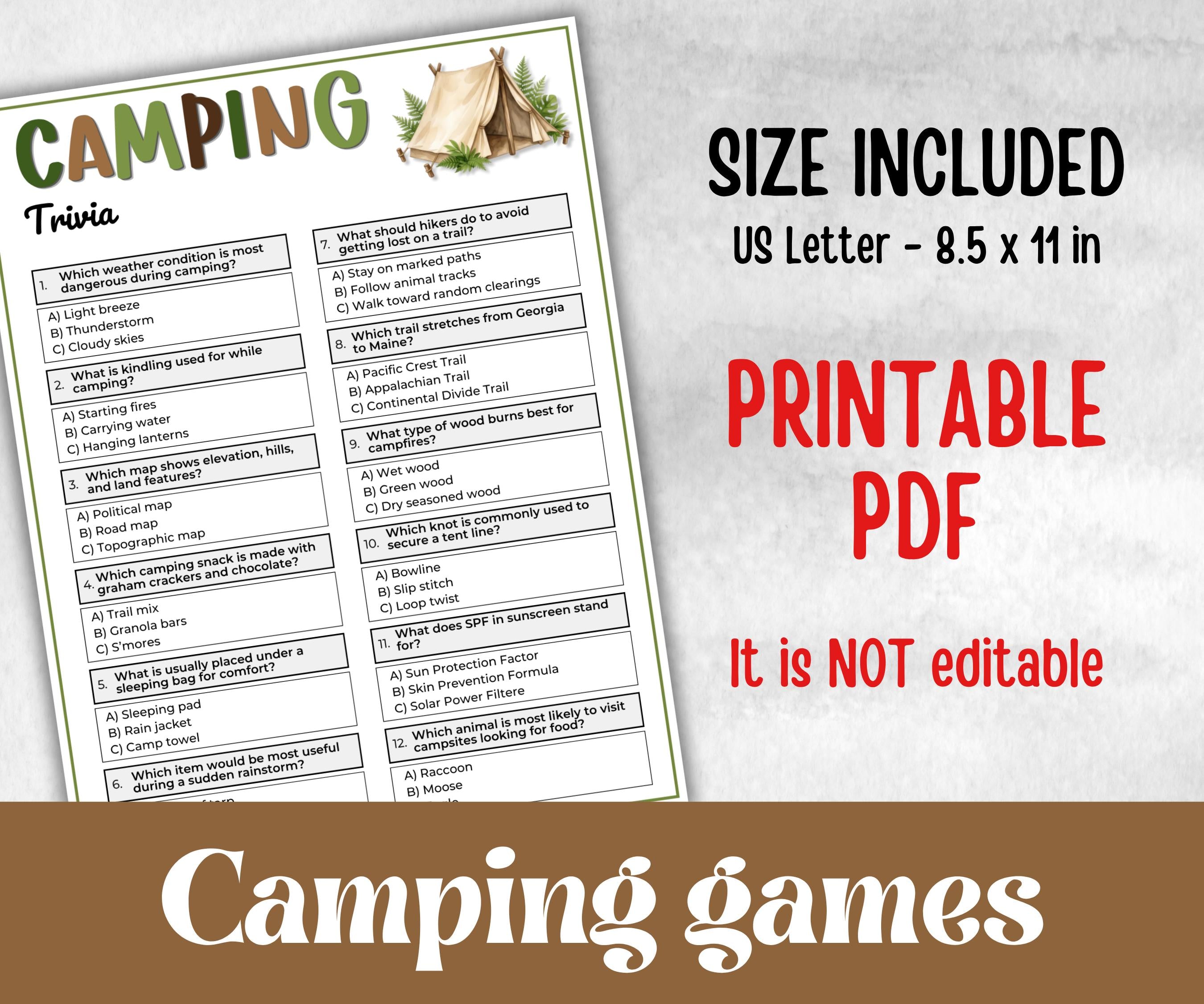 Camping Trivia, fire pit activities, outdoor group party, campground, backyard bbq cookout, summertime campfire, boy girl scout quizzes