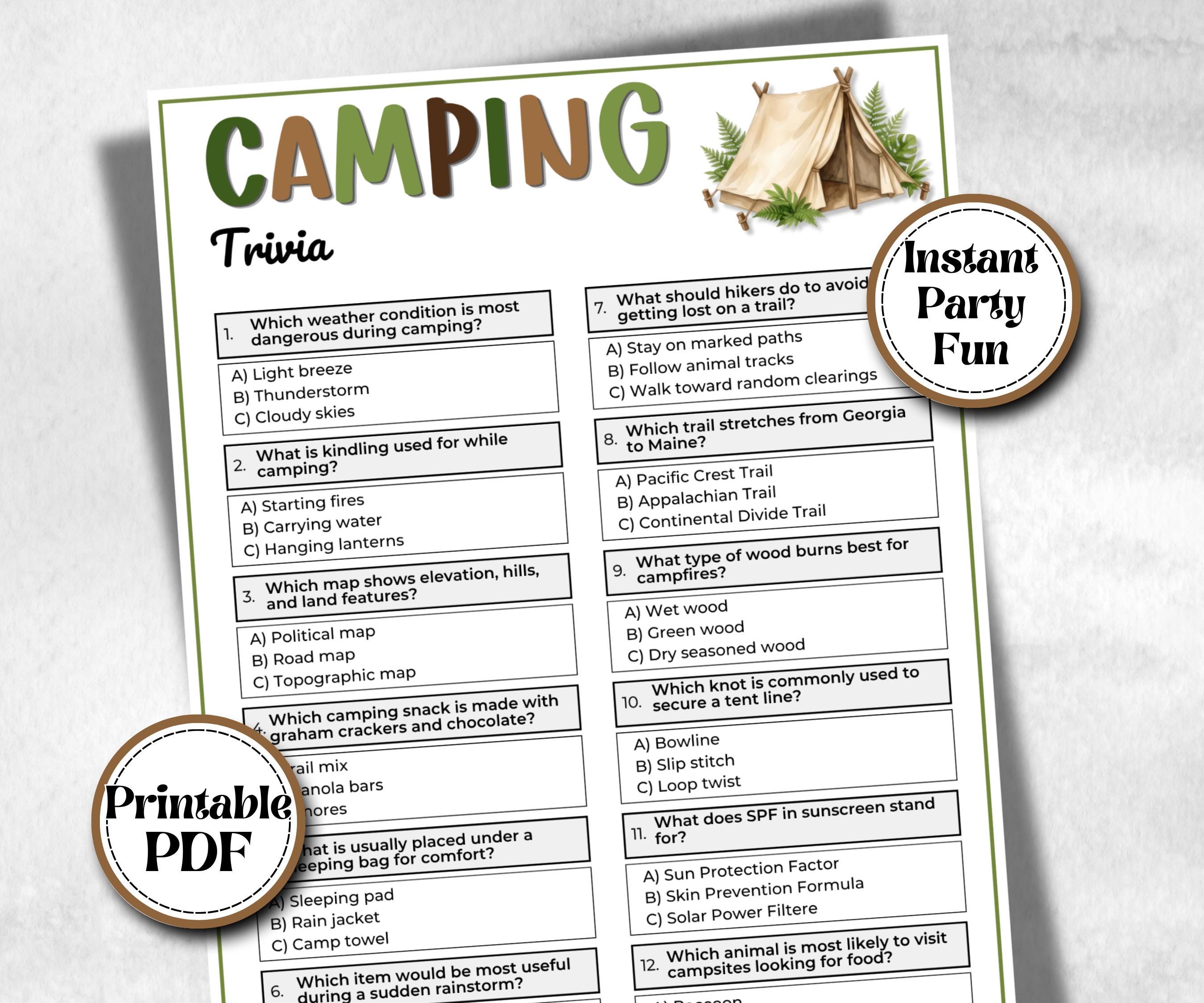 Camping Trivia, fire pit activities, outdoor group party, campground, backyard bbq cookout, summertime campfire, boy girl scout quizzes