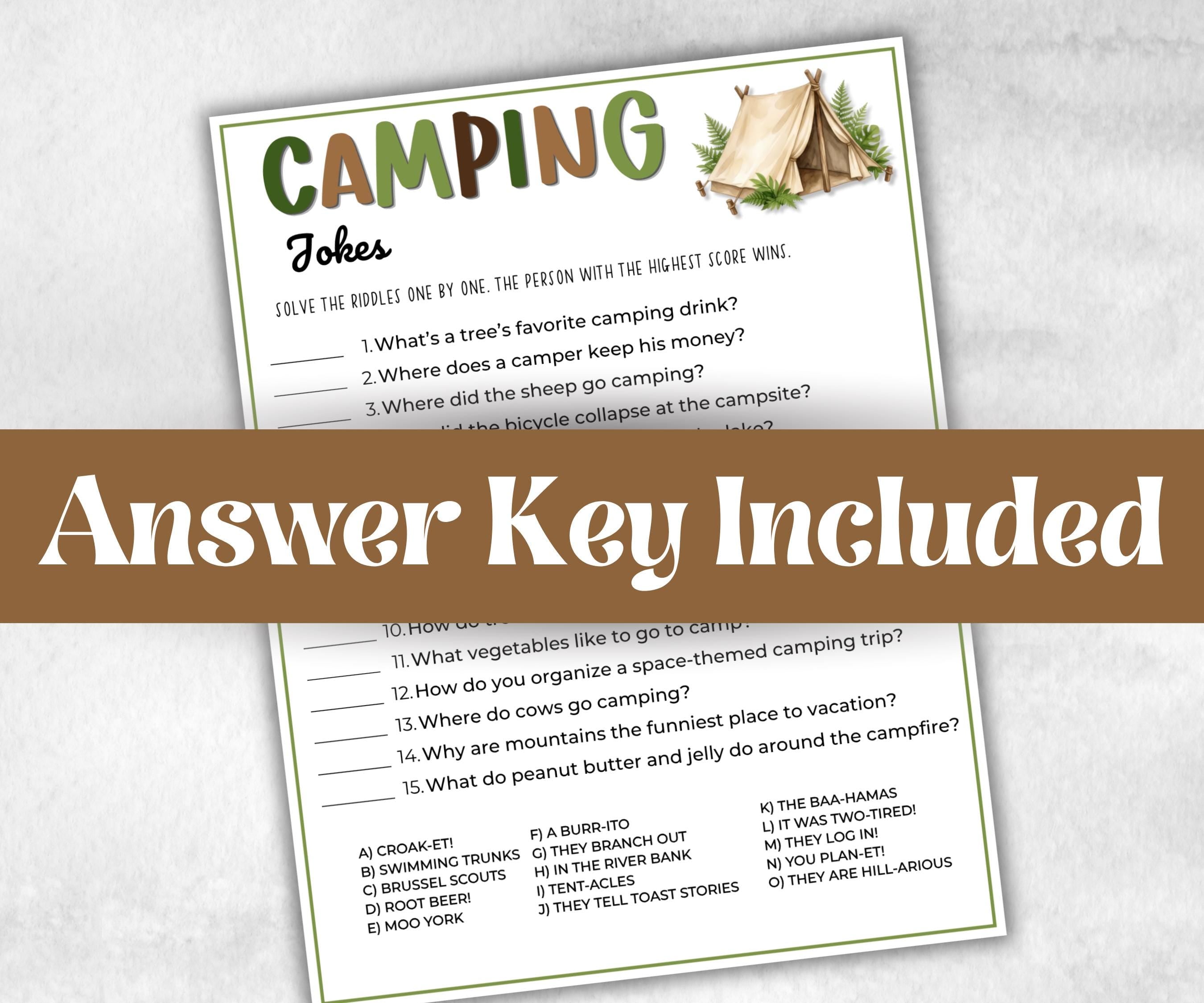 Camping Jokes and Riddles, fire pit activities, outdoor group party, campground, backyard bbq, summertime campfire, boy girl scout quizzes