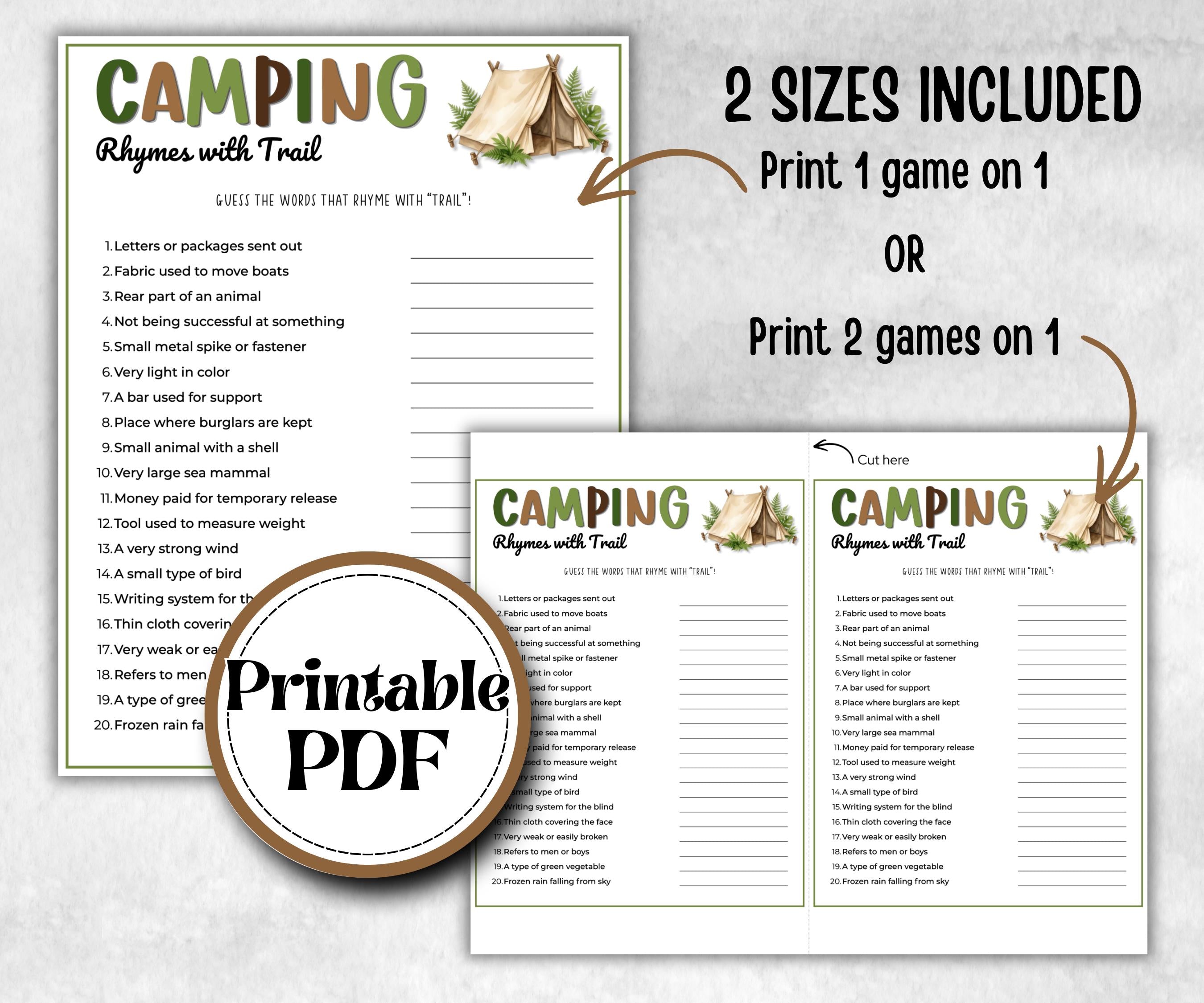 Camping Rhymes with Trail, fire pit activities, Printable outdoor group party, campground, backyard bbq, summertime campfire, boy girl scout