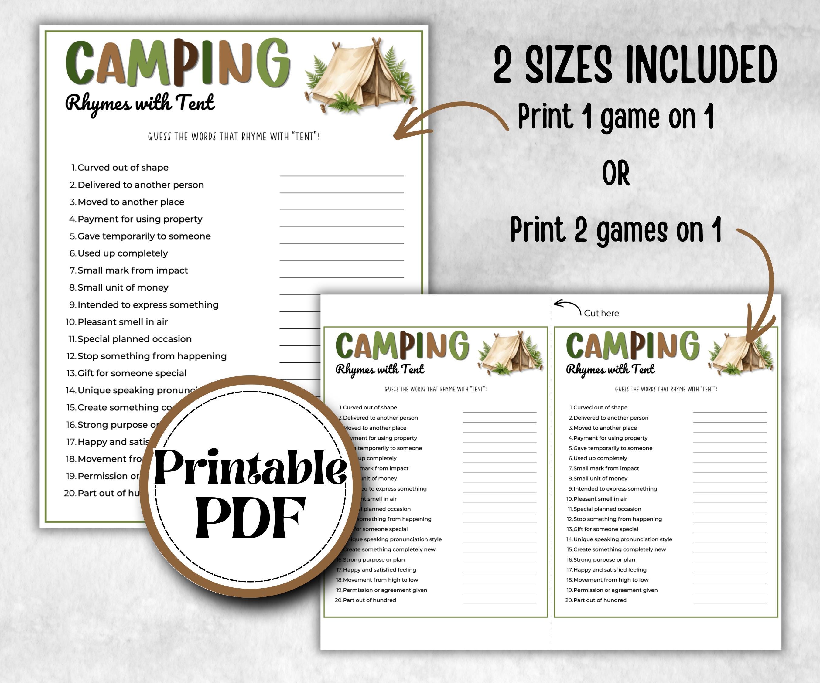 Camping Rhymes with Trail, fire pit activities, Printable outdoor group party, campground, backyard bbq, summertime campfire, boy girl scout