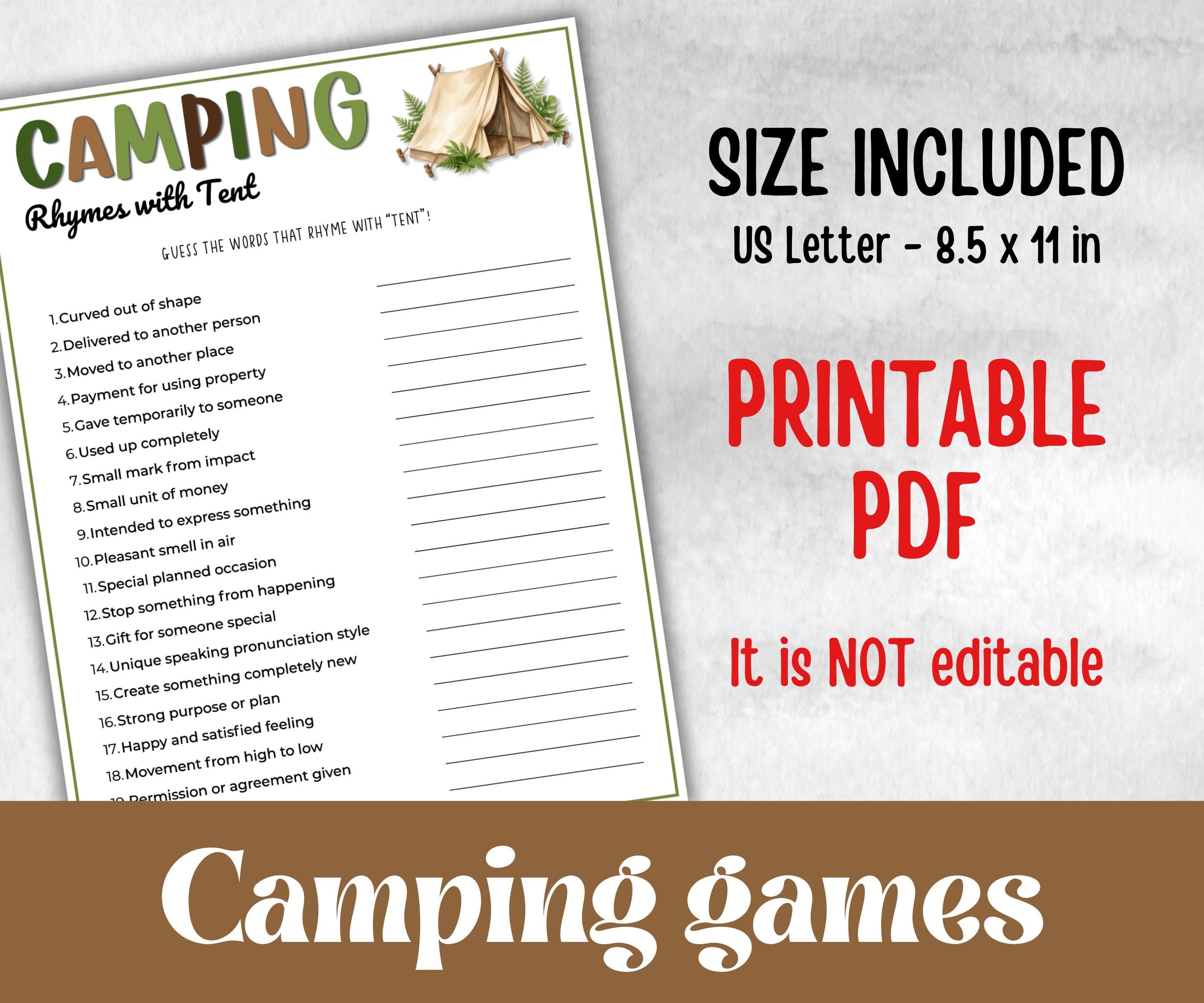 Camping Rhymes with Trail, fire pit activities, Printable outdoor group party, campground, backyard bbq, summertime campfire, boy girl scout