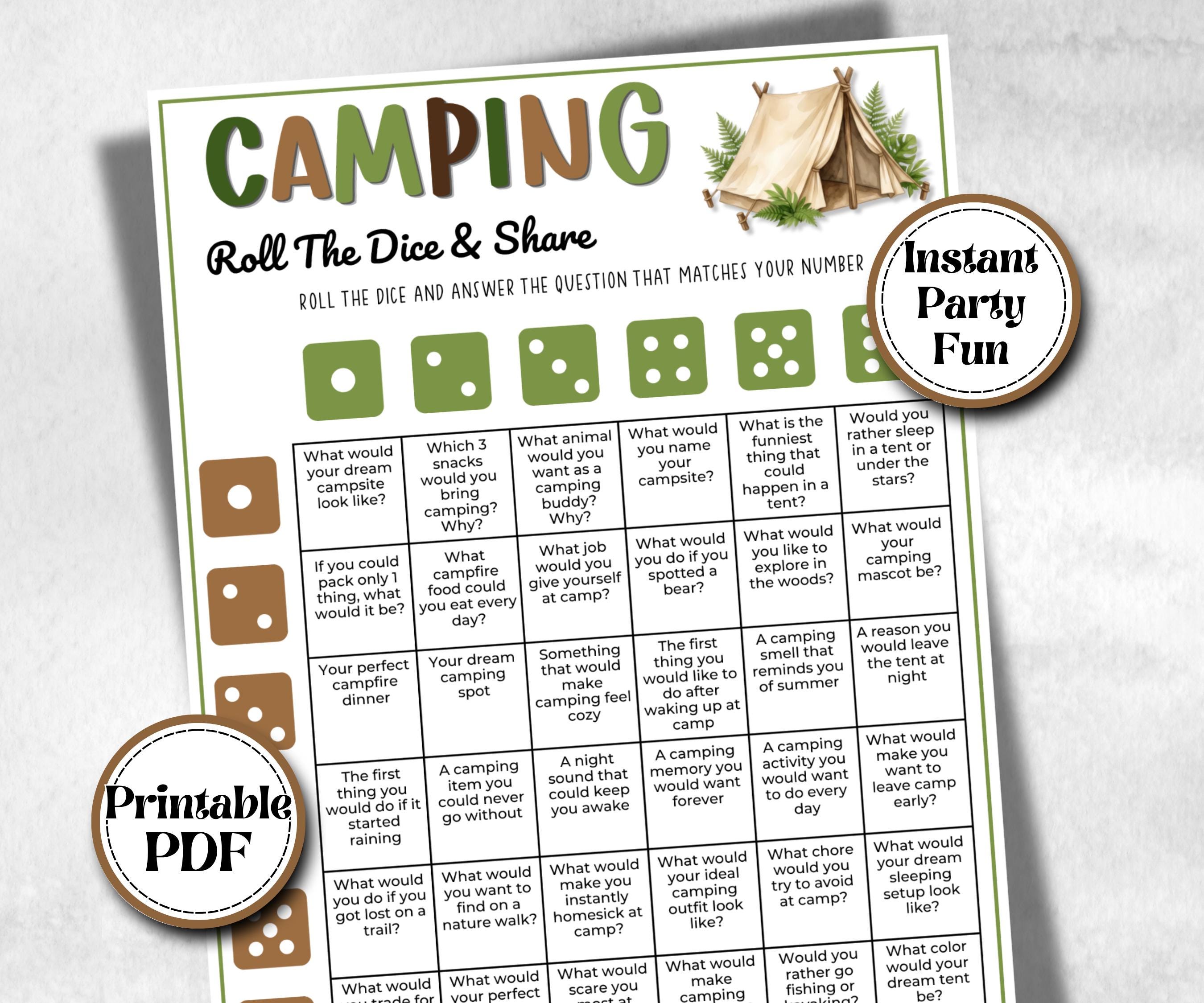 Camping Conversation Starter, fire pit activity, Printable outdoor group party, talking dice, backyard bbq, summer campfire, Roll the Dice
