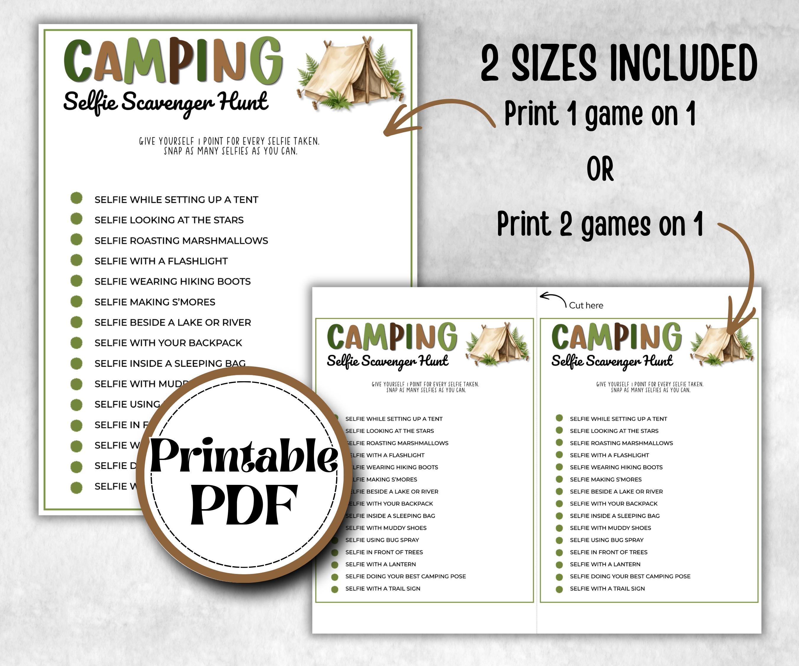 Camping Selfie Scavenger Hunt, fire pit activities, Printable outdoor group party, backyard bbq, summer campfire, boy girl scout, campground