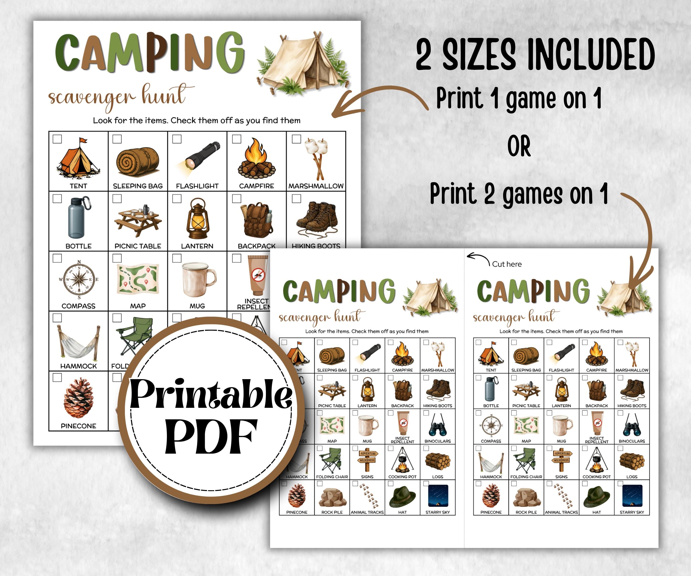 Camping Photo Scavenger Hunt, fire pit activity, Printable group party, campground, hiking trail, overnight camper baby, camping roadtrip
