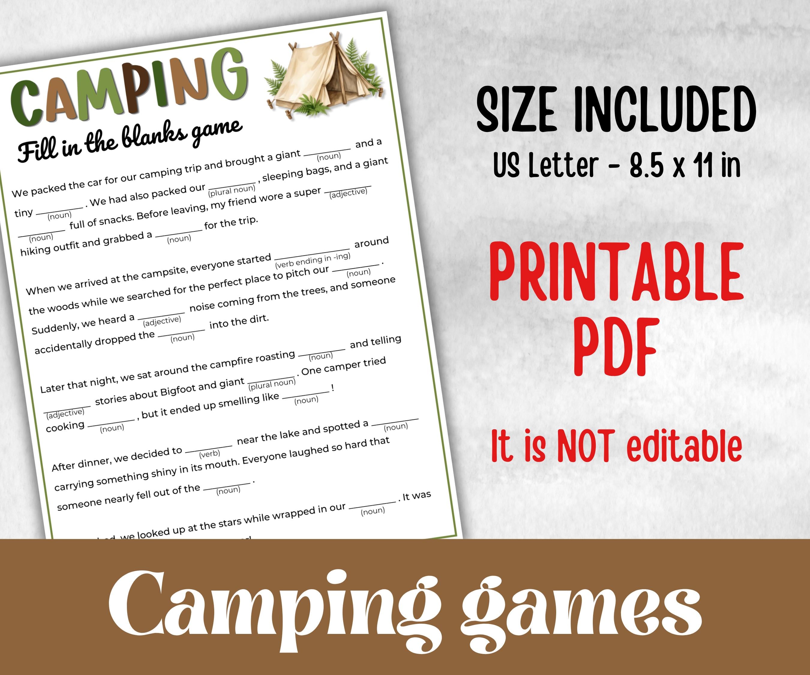 Camping Fill in the blanks, fire pit activity, Printable group party, campground, hiking trail, overnight camper baby, camping roadtrip mad