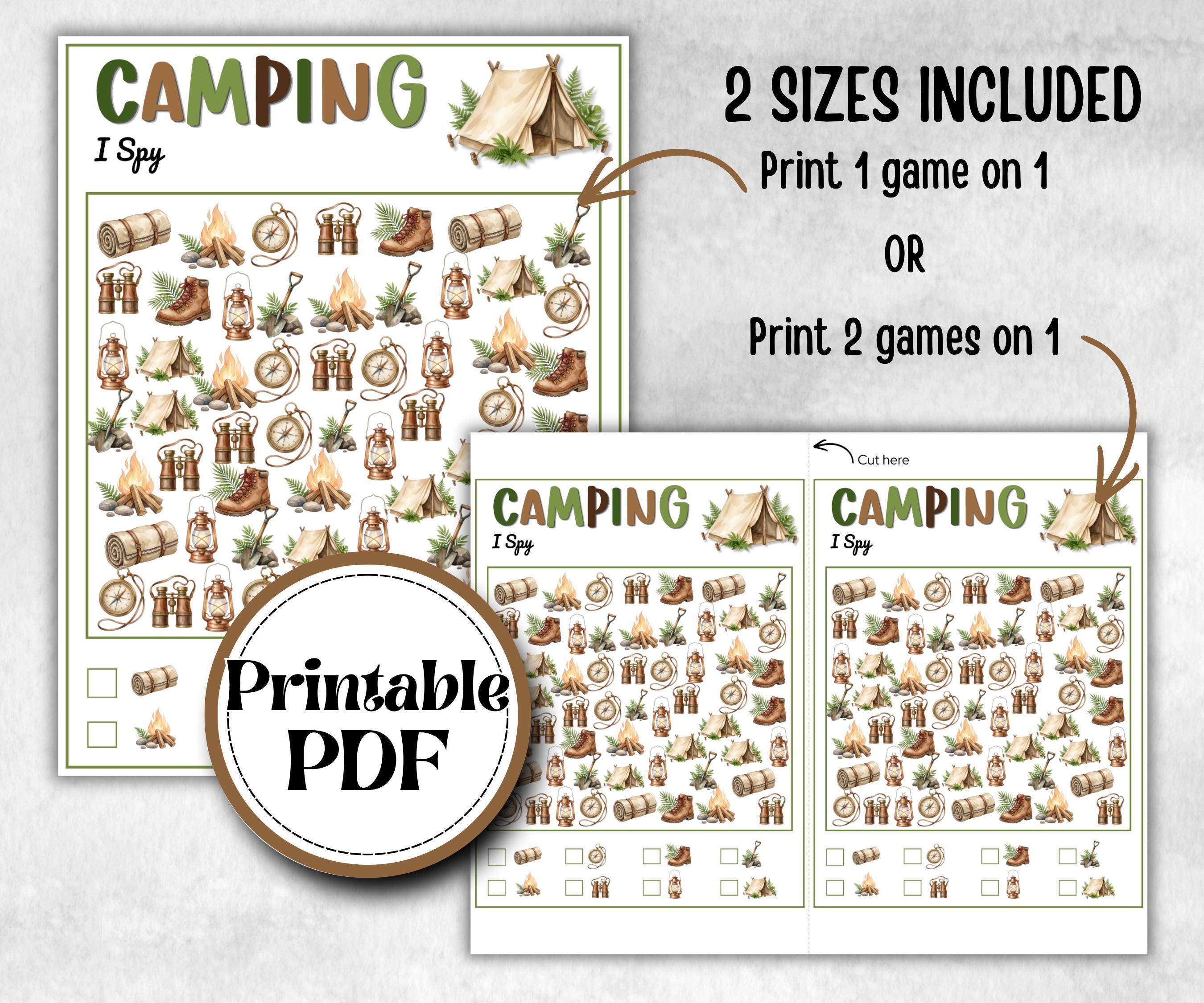 Camping I Spy, fire pit activity, Printable group party, campground, hiking trail, overnight camper baby, camping roadtrip, counting game