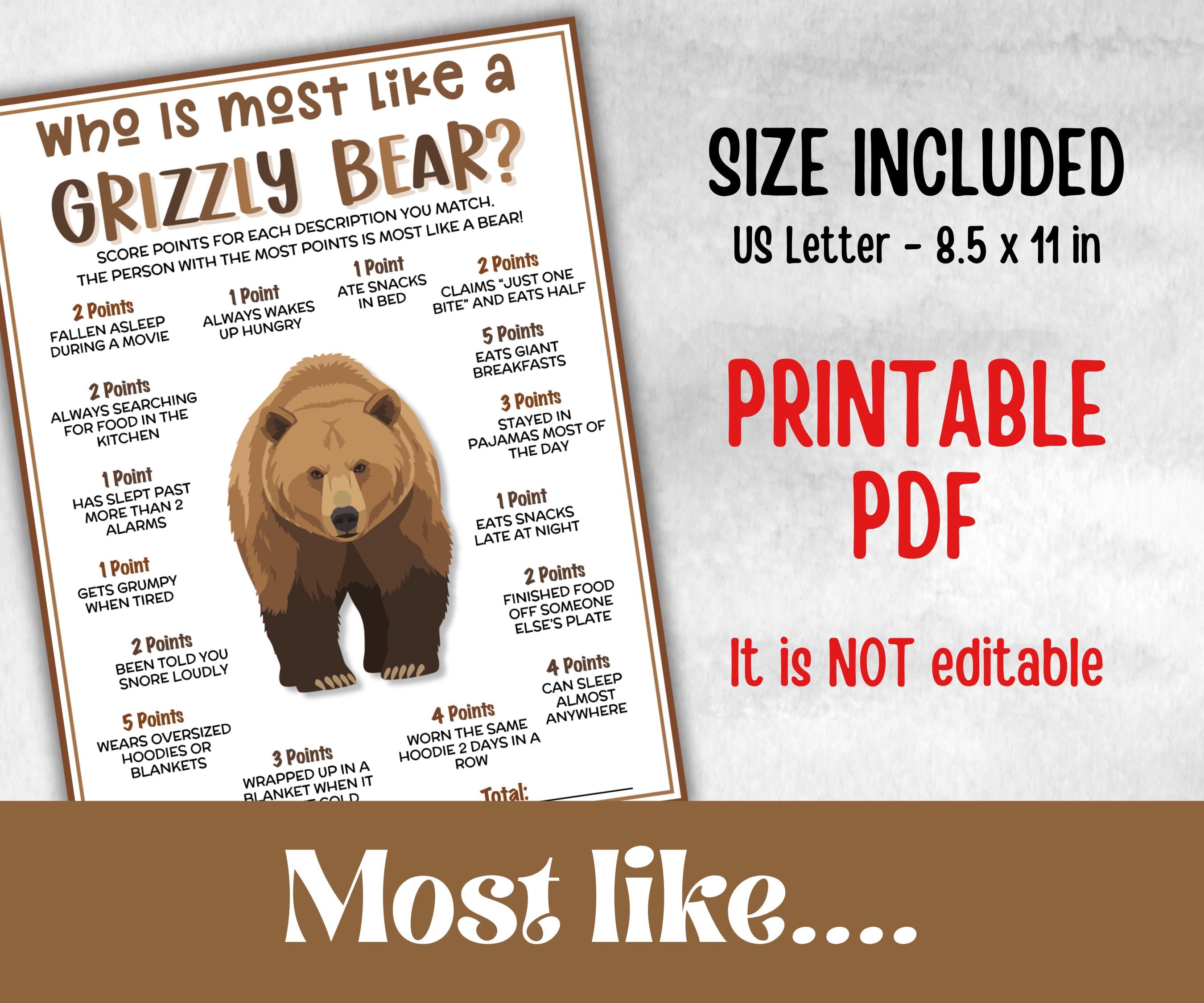 Who is most like a grizzly bear, fire pit activity, Printable group party, campground, hiking trail, overnight camper, camping roadtrip mad