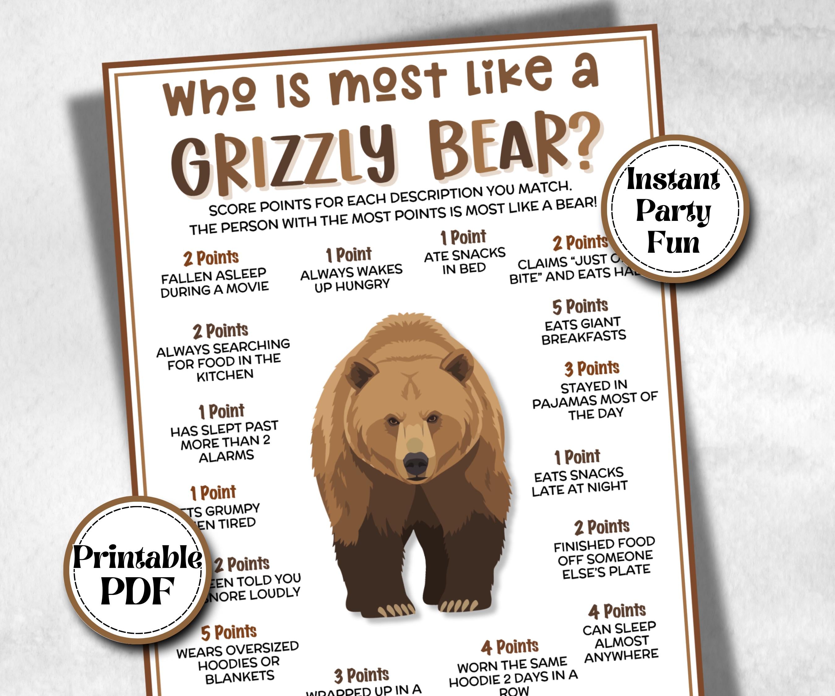 Who is most like a grizzly bear, fire pit activity, Printable group party, campground, hiking trail, overnight camper, camping roadtrip mad