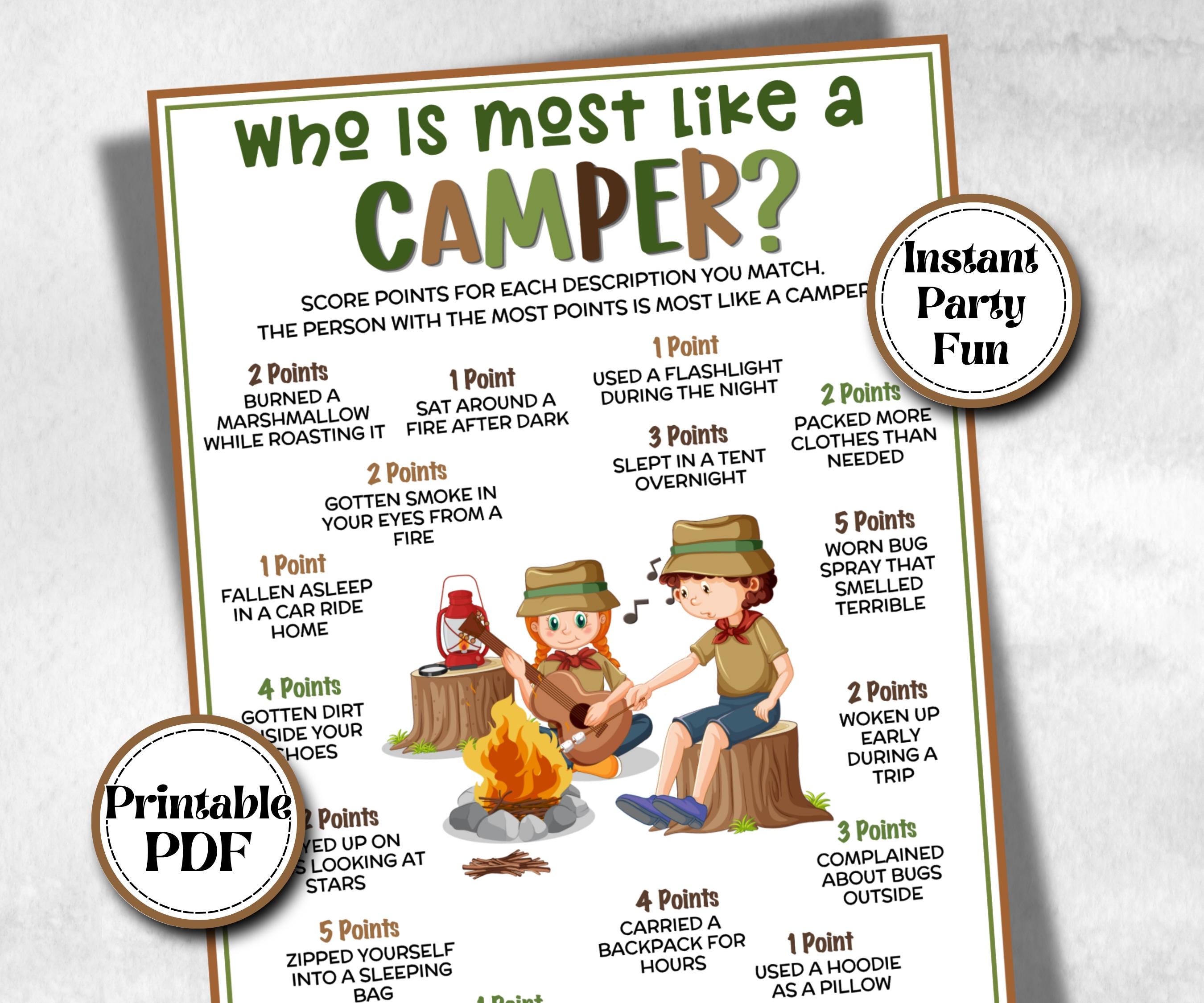 Who is most like a Camper, fire pit activity, Printable group party, campground, One happy camper, overnight camper, camping roadtrip mad