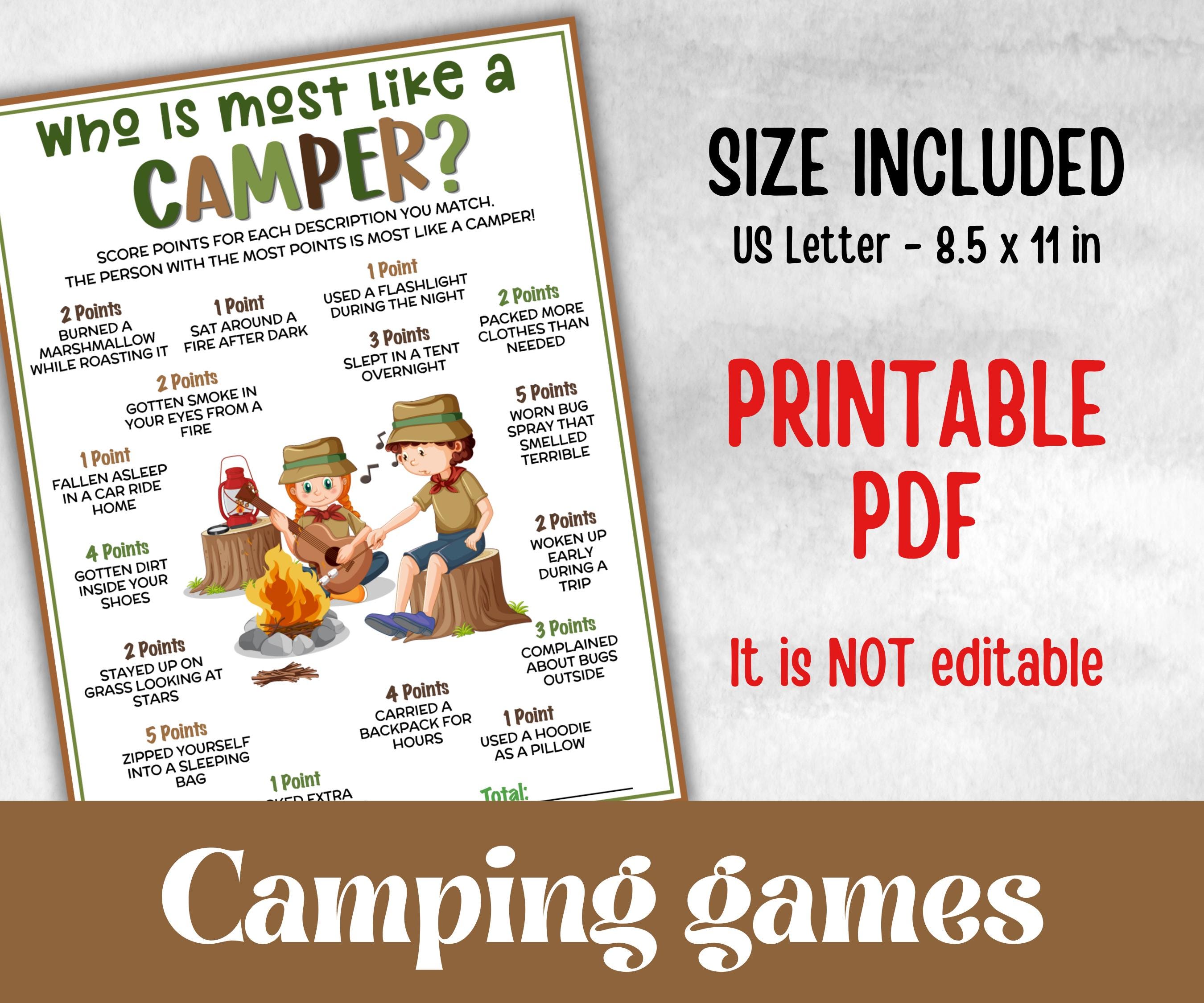 Who is most like a Camper, fire pit activity, Printable group party, campground, One happy camper, overnight camper, camping roadtrip mad
