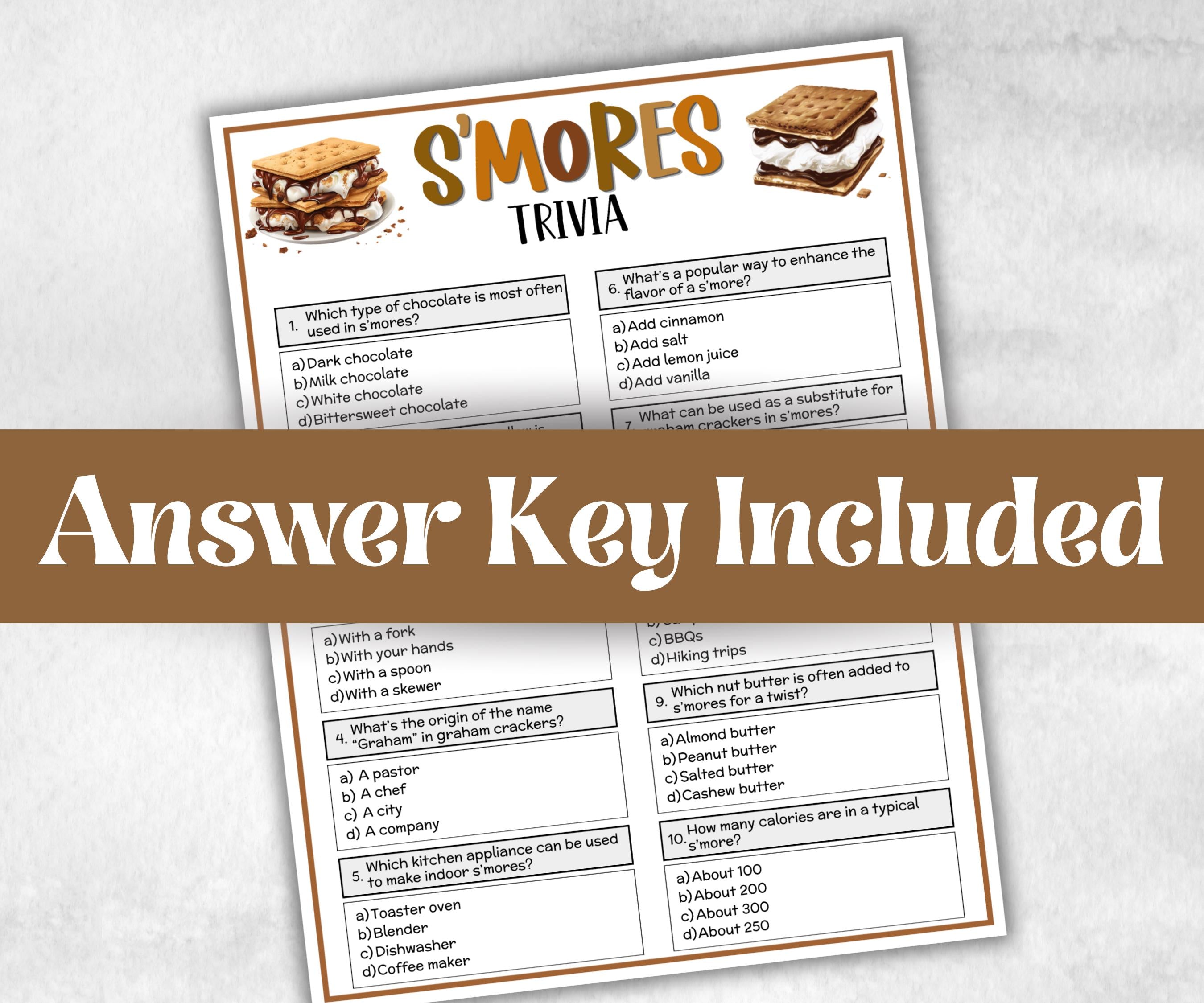 S'mores Trivia, Kids Classroom, Printable group party, campground, overnight camper, smore favor bag, church hiking travel, family reunion