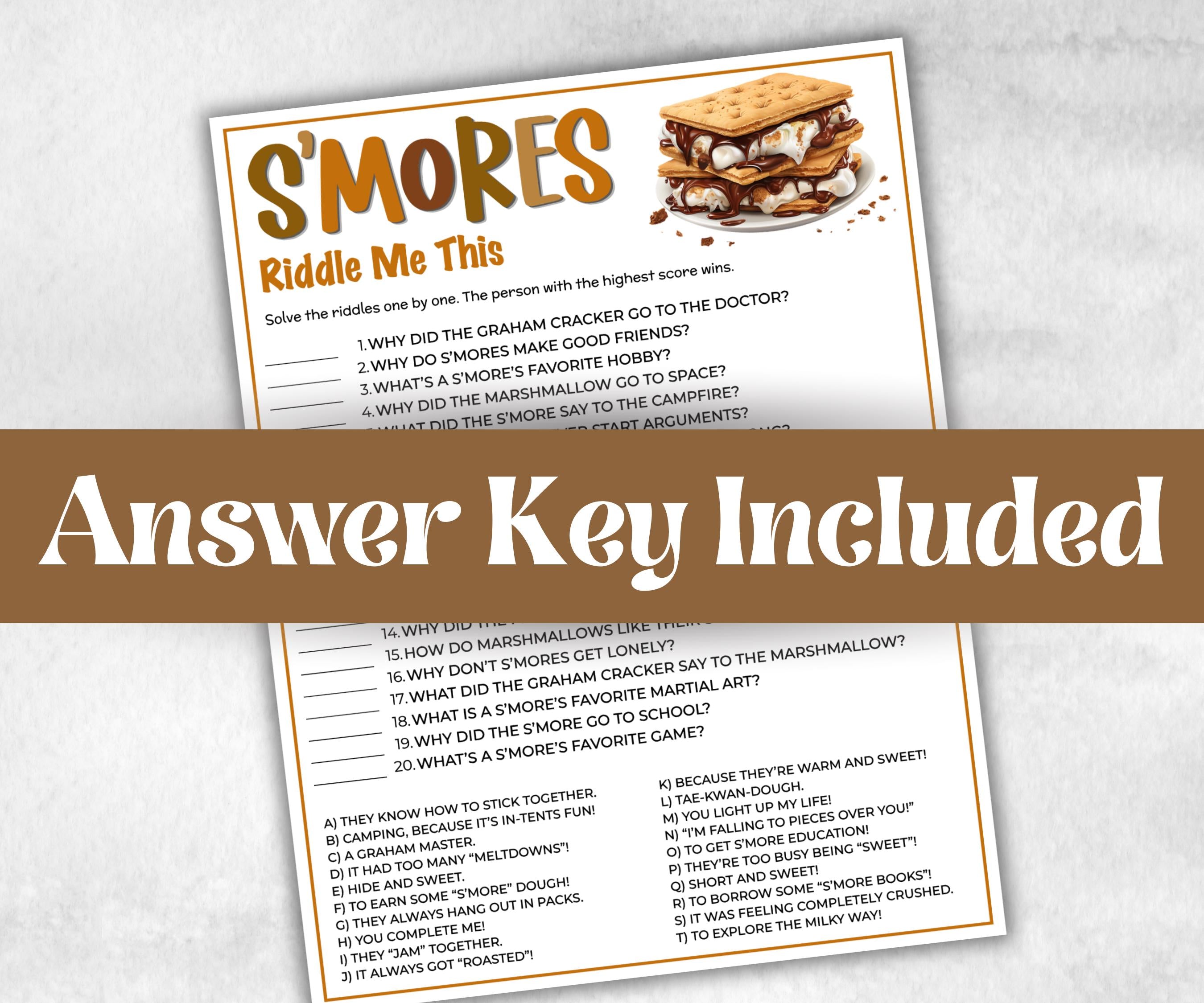 S'mores riddles, Kids Classroom, Printable group party, campground, overnight camper, smore favor bag, church smores jokes, family reunion