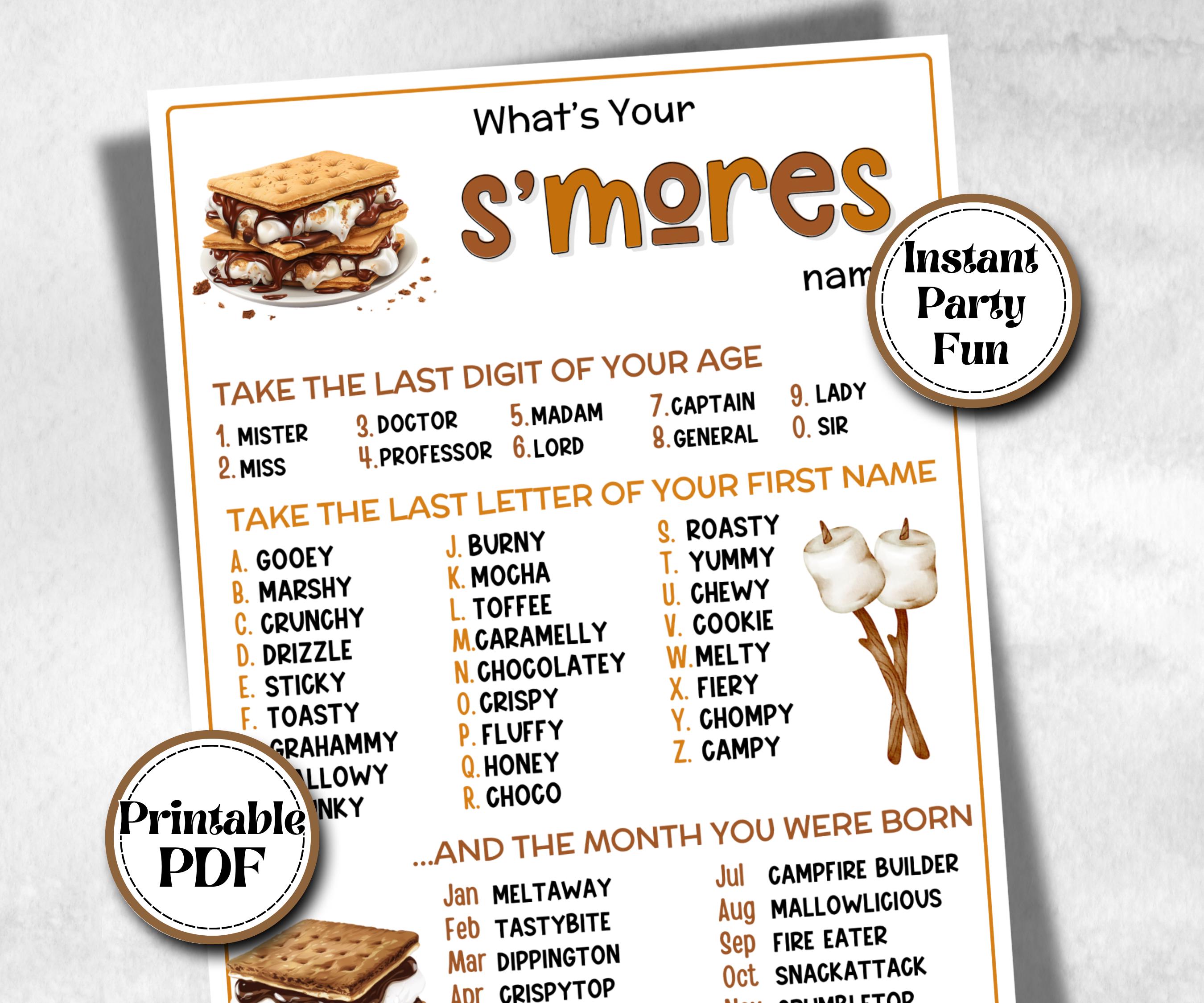 What's your S'more name, Classroom name generator, Printable group party, campground name tag, overnight camper, smore favor bag, nameboard