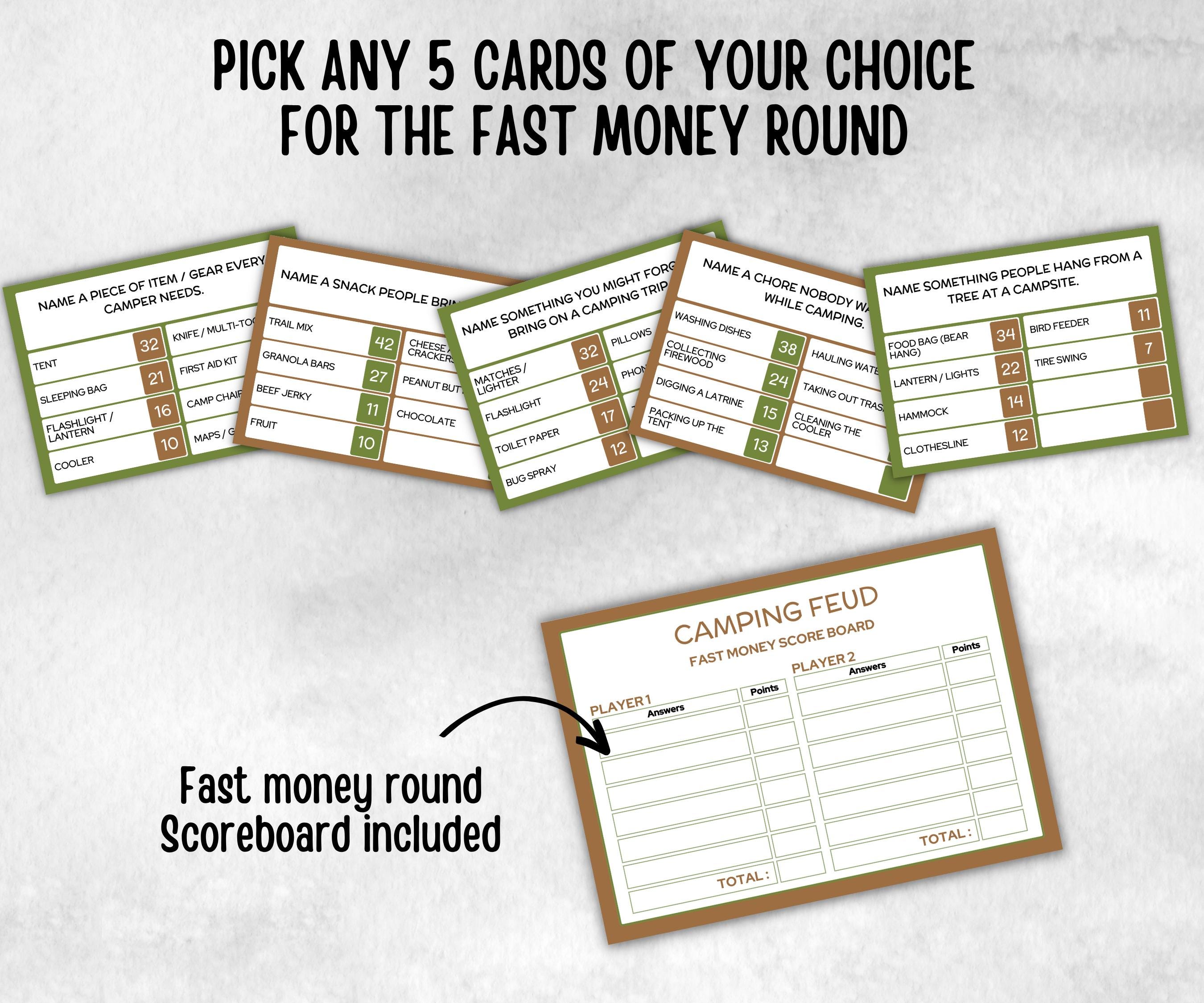 Camping Friendly Feud, Trivia game night, office team camping, camping themed birthday, outdoor yard group party, youth group, hiking fun