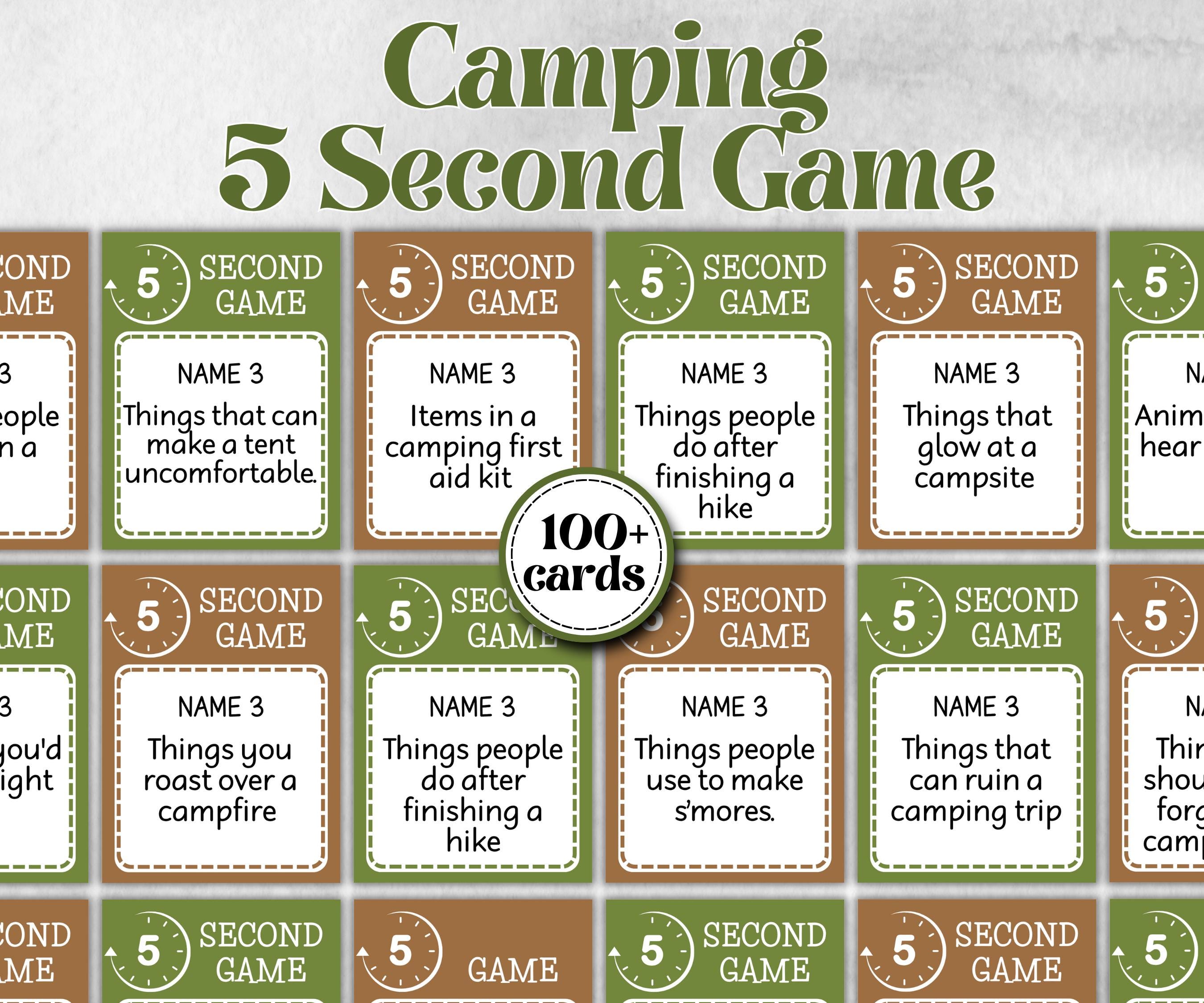Camping 5 second game, Trivia game night, office team, camping theme birthday, outdoor yard party, youth group, think fast, five sec word