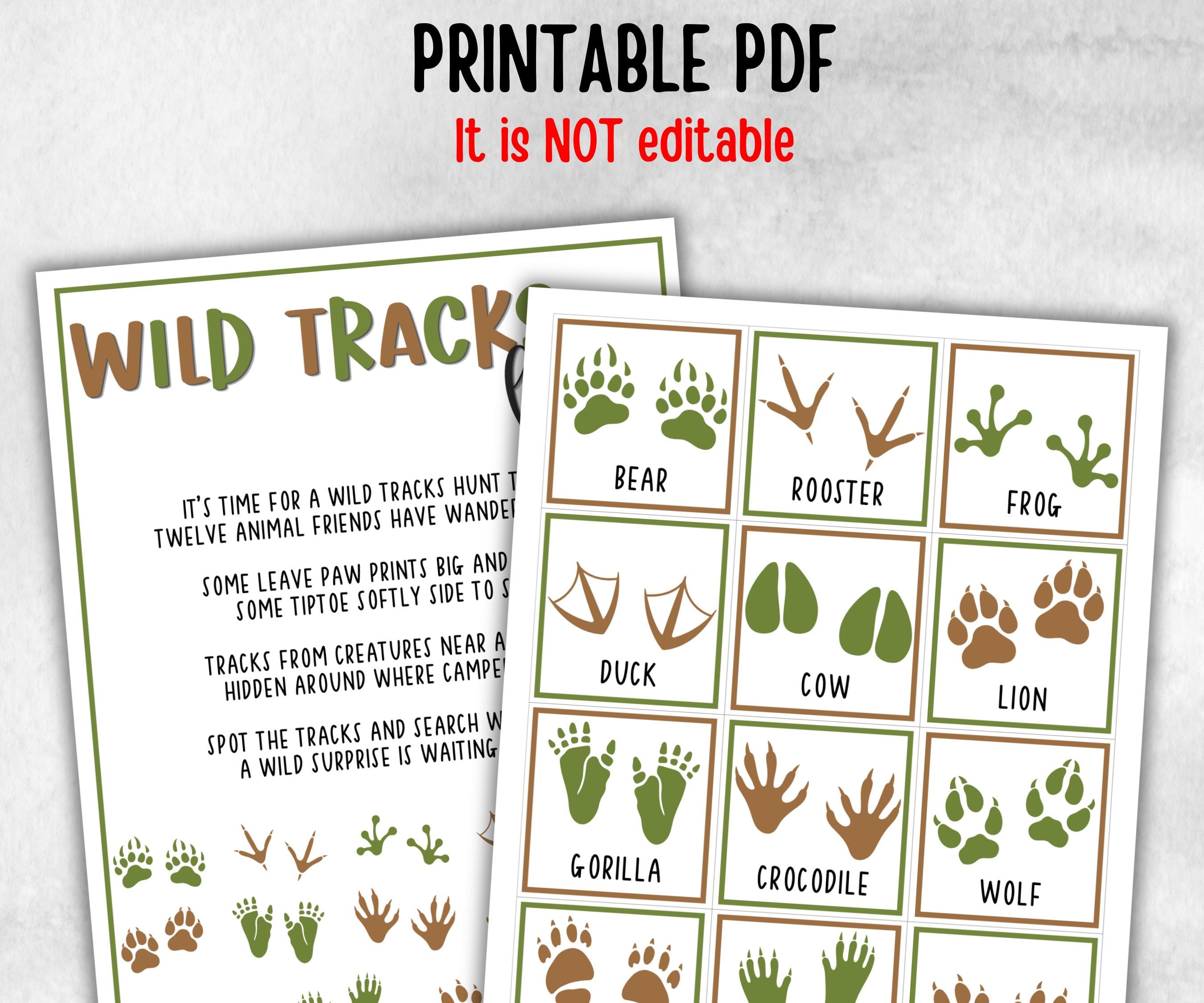 Wild Tracks Scavenger Hunt, fire pit activities, Printable outdoor treasure hunt, backyard bbq, summer campfire, Animal tracks, footprints
