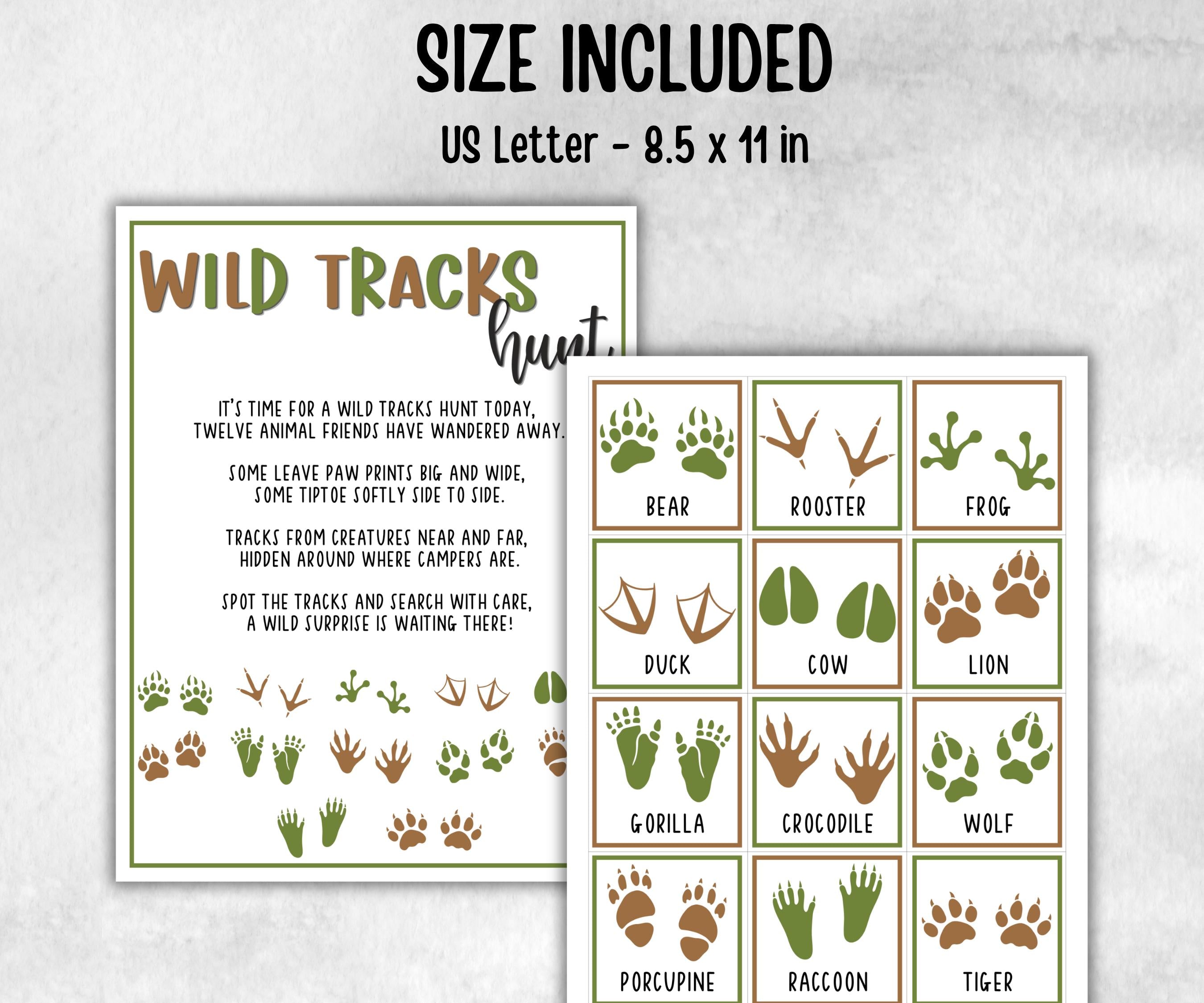 Wild Tracks Scavenger Hunt, fire pit activities, Printable outdoor treasure hunt, backyard bbq, summer campfire, Animal tracks, footprints