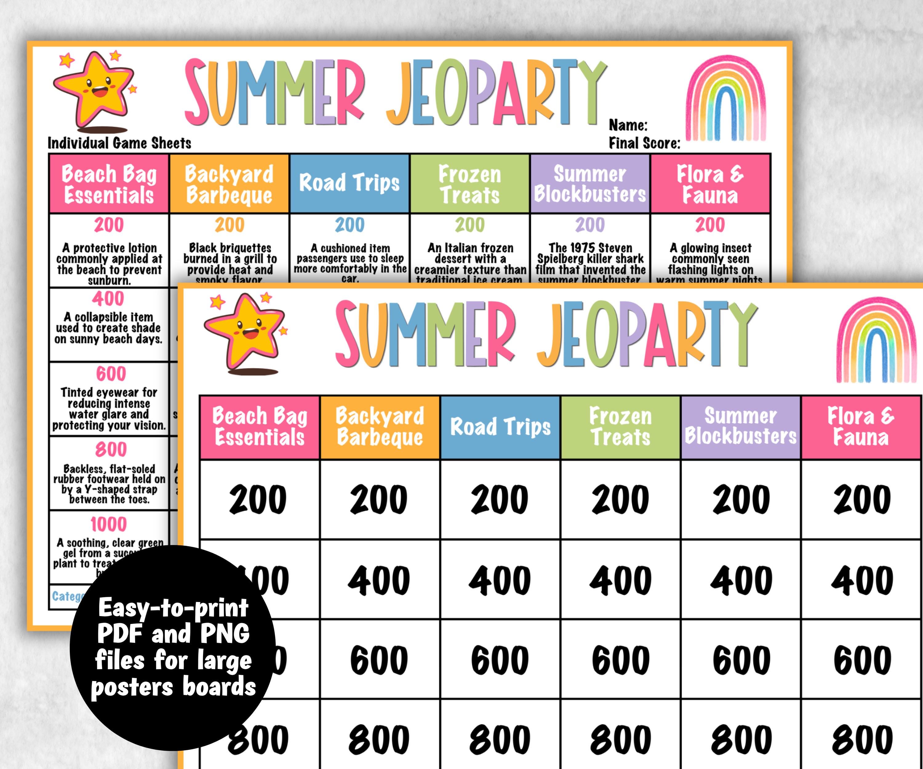 Summer Jeoparty, Family Game Night, Ice breaker, beach party, breakfast, Road Trips, sunday school, pool party BBQ, five seconds quiz