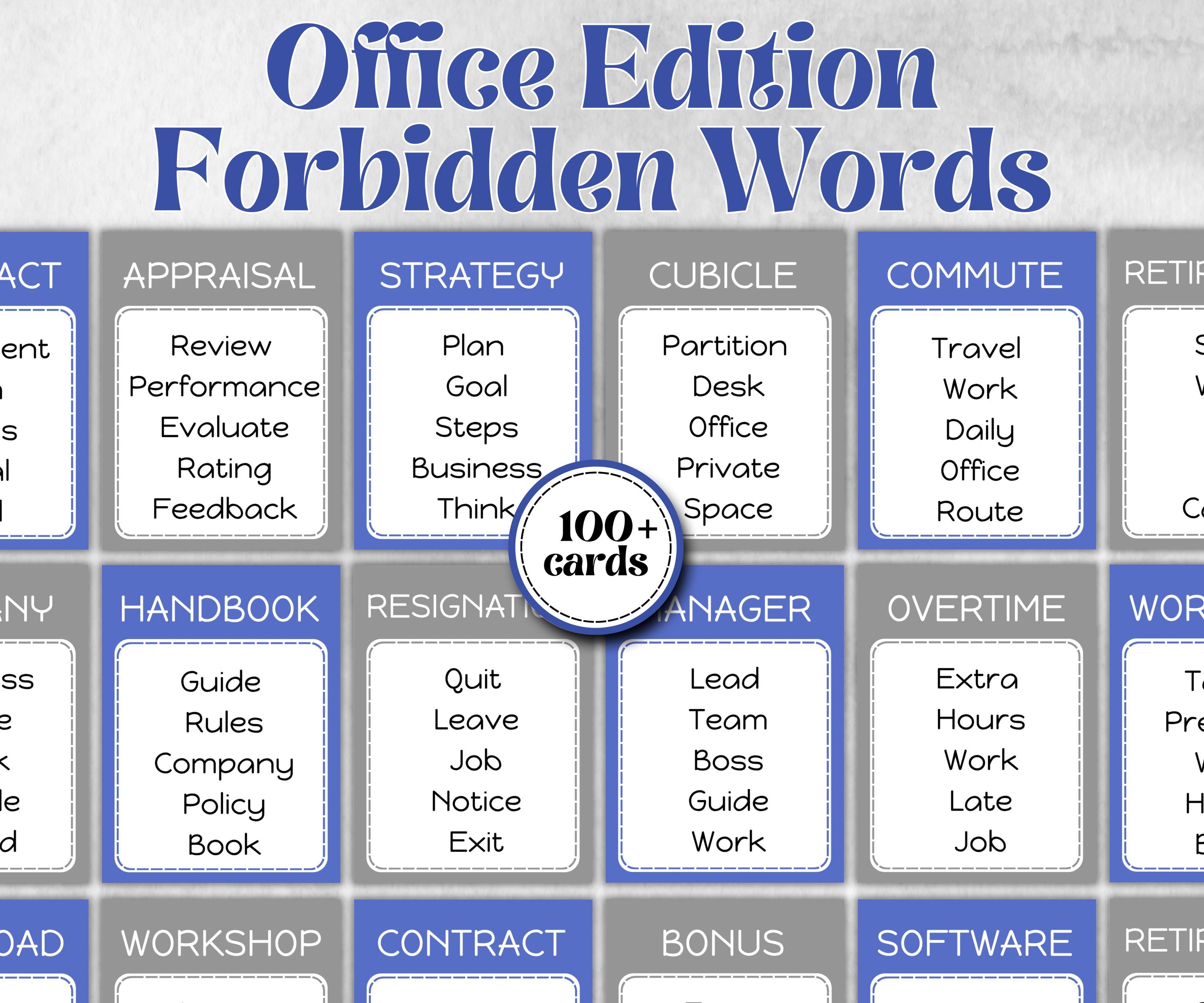 Office Work Forbidden Words, Word Ban, Office Teambuilding, Coworker Birthday, Retirement Party, Welcome Party, Office Group Party Game