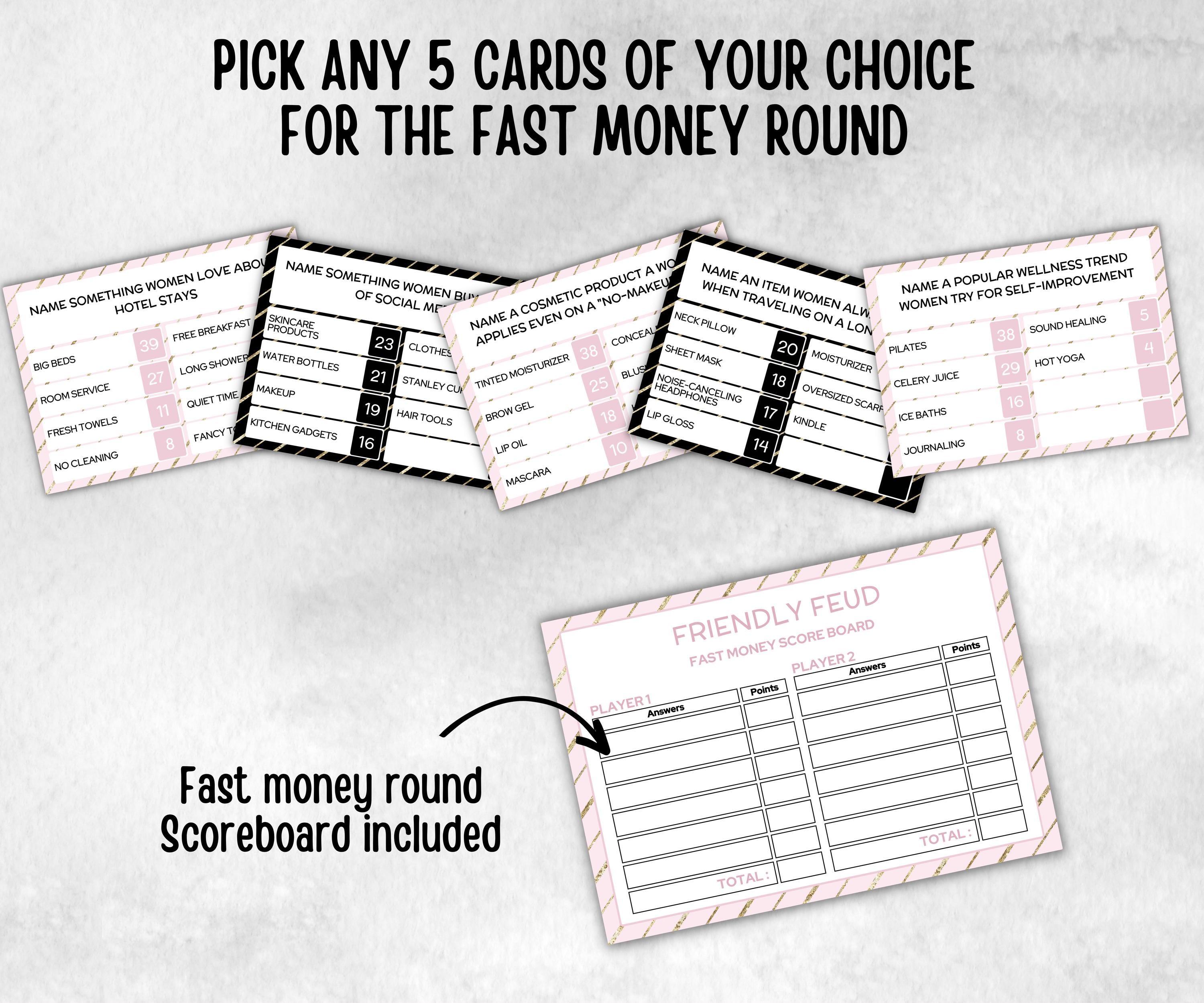 Ladies Night Friendly Feud, think fast word game, think quick, galentines, hen party, womens day, bff girlfriend, printable feud, Feud Cards