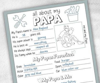 All about my Papa fill in the blank - Father's Day Questionnaire