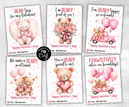 Bear Valentine Cards | Printable School Kids Valentines Day Cards | Valentine'S Day Card | Valentine Tag Set I Teddy Bear Valentine I Bear