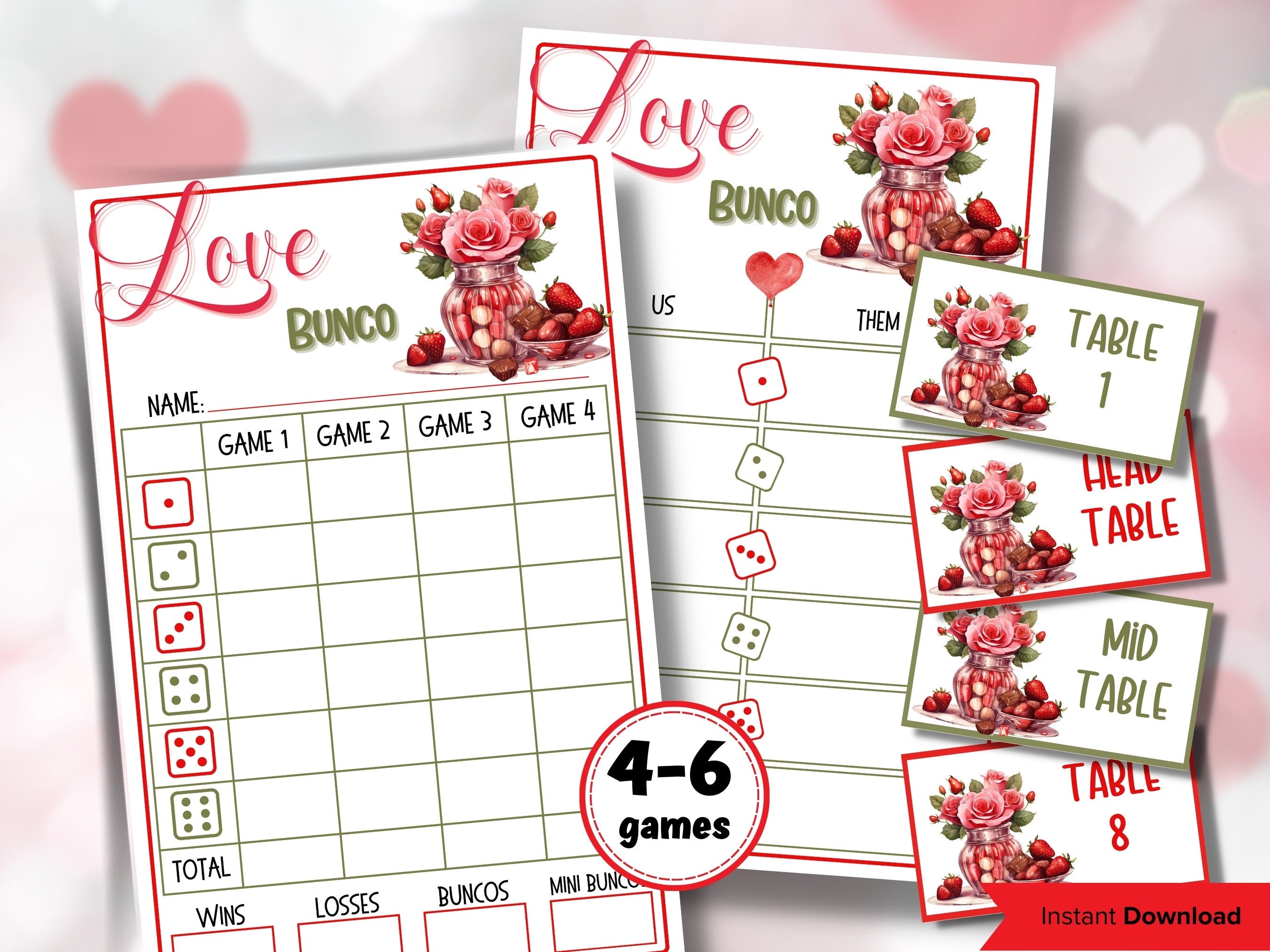 Love Bunco Score Sheet Template | Pink And Red Printable Bunco | Valentines Printable Bunco | Printable Bunco Set I February Bunco Cards