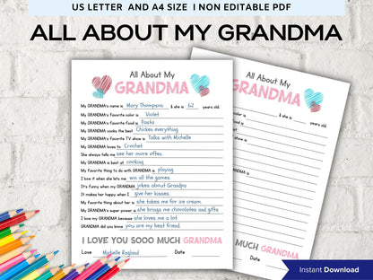 All about my Grandma fill in the blank I Grandma birthday gift I About Grandma I Gift for Grandma I Grandma interview I Questionnaire 001