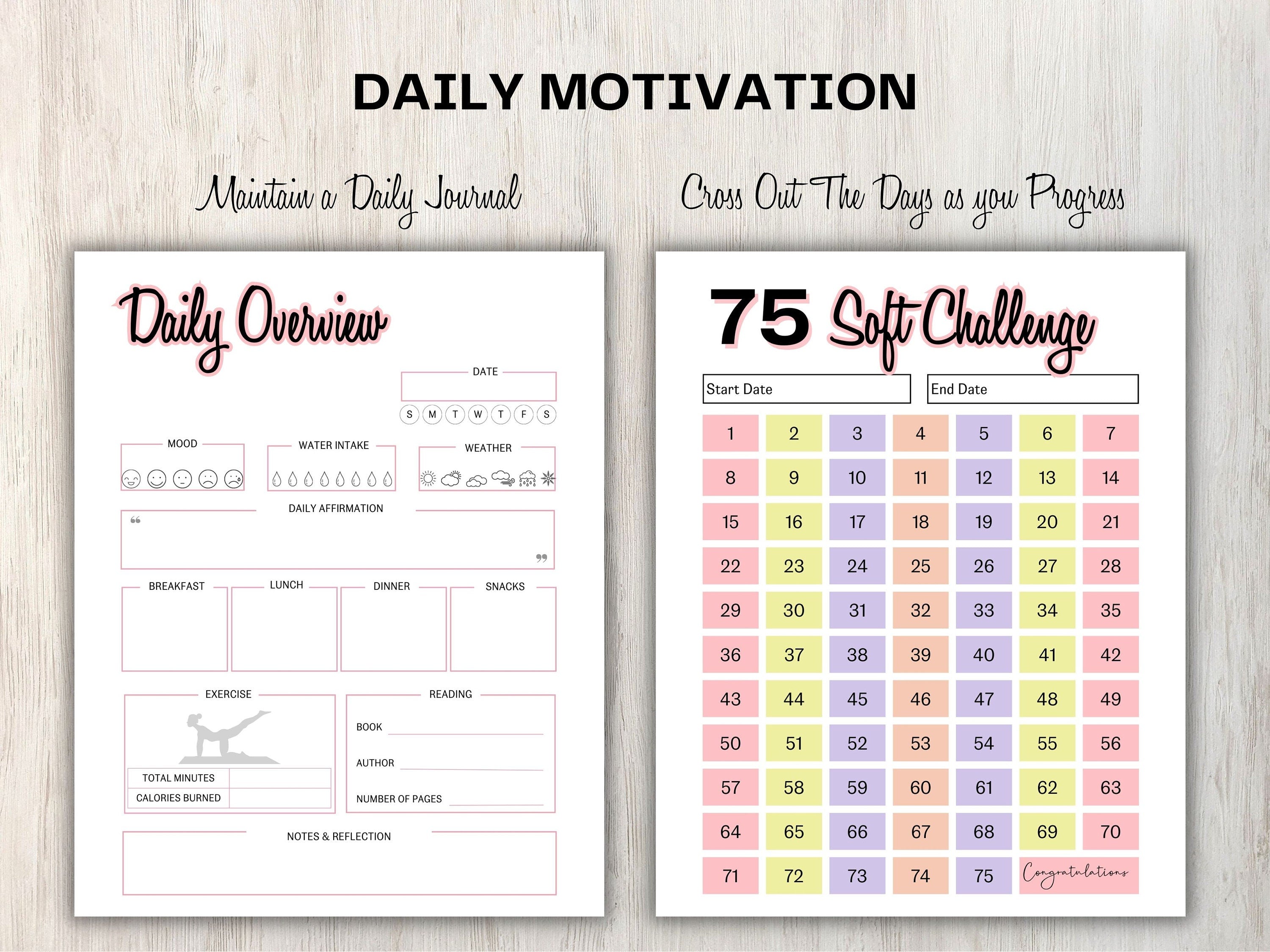 75 Soft Challenge I Printable Challenge I Healthy Habits Tracker I Self Care Tracker I Printable Tracker I Fitness Journal I Mindful Eating- -TheHustlingCatLady-Calendars & Planners