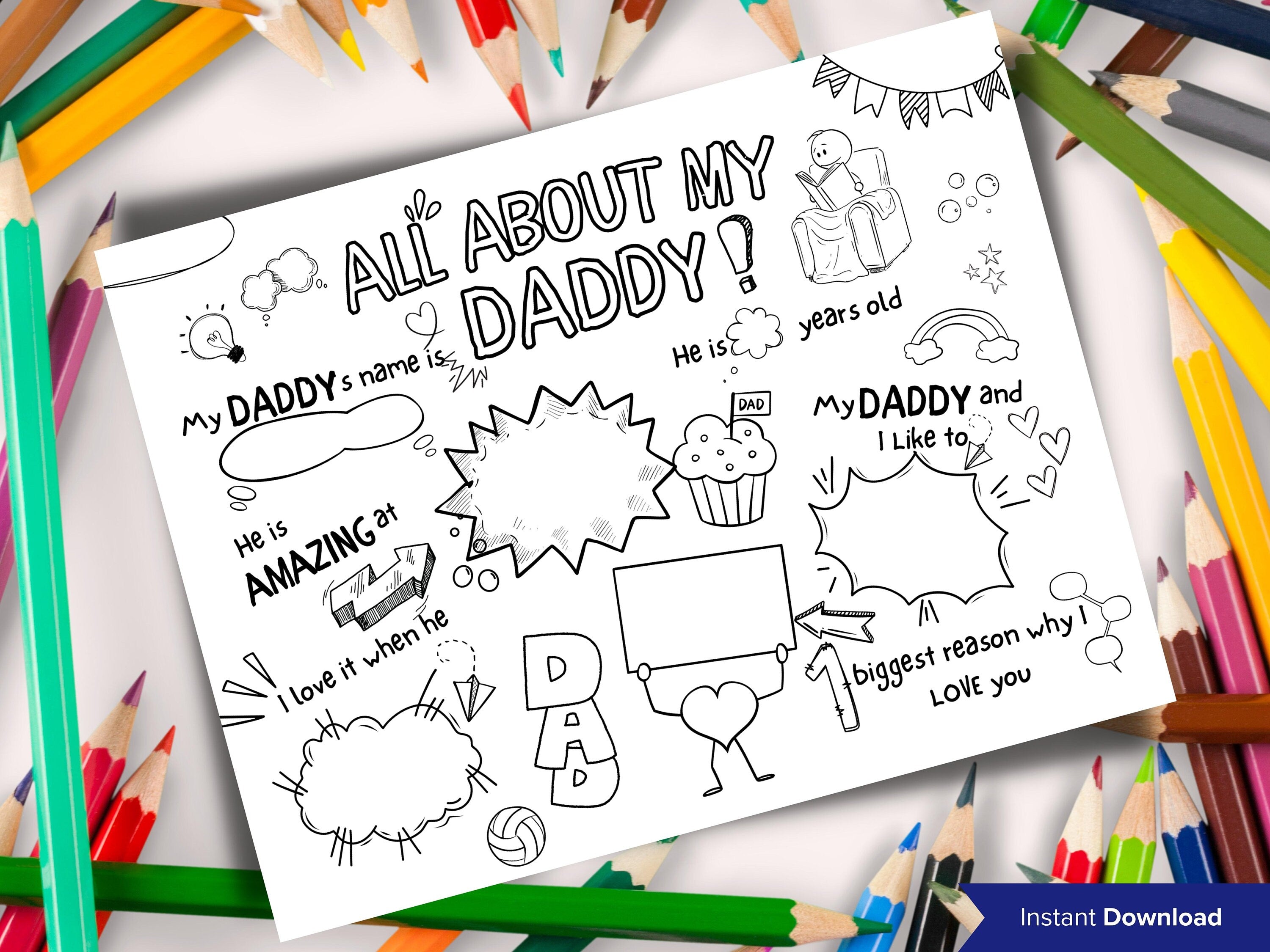 All about my Daddy Fill in the blank I Coloring page I Gift for Daddy I Birthday I About Daddy I Dad interview I Daddy Questionnaire 001