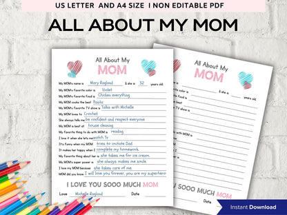 All about my mom I Mother's Day Gift I Mom birthday gift I About Mom Page I Gift for Mom I mom interview I mothers printable questions 001