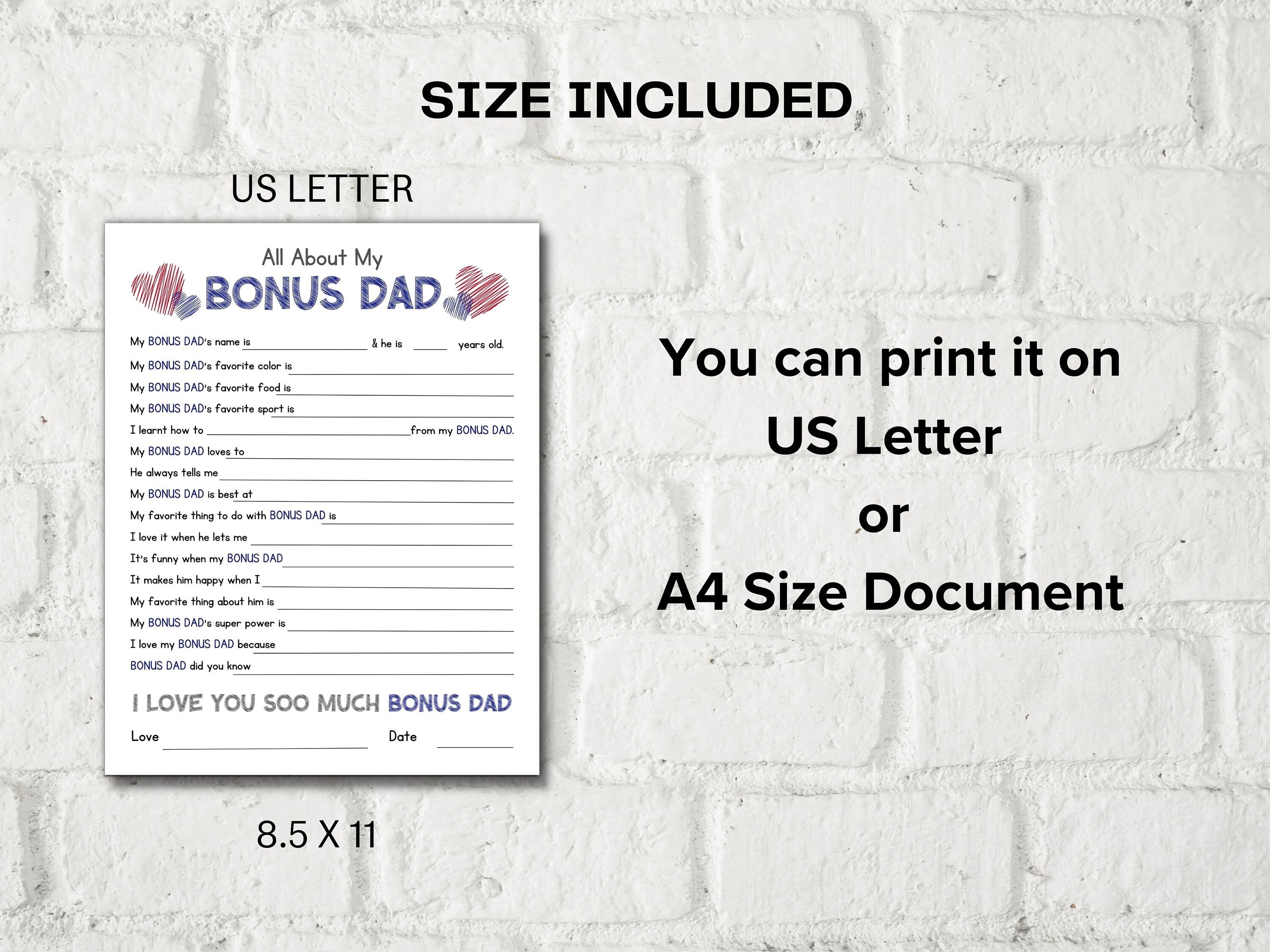 All about my Bonus Dad fill in the blank I Father's Day Gift I About Dad I Gift for Bonus Dad I Bonus Dad interview Questionnaire 001