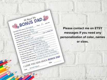 All about my Bonus Dad fill in the blank I Father's Day Gift I About Dad I Gift for Bonus Dad I Bonus Dad interview Questionnaire 001